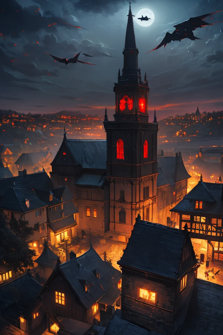 old European village shot with bird view, (Red glowing eyes), masterpiece, Depth of written boundary, Lutz, Gwaites style artwork, Gothic aesthetics, Dark Vampire village, ((in the dark gothic style cathle:1)), ((dark mid-night time:1.5)),