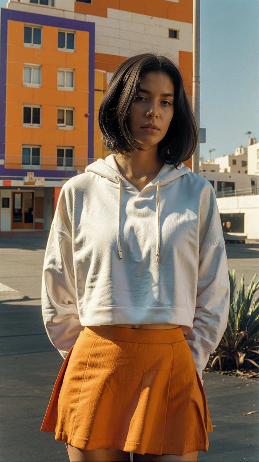 long shot portrait of cute 23 yo girl ,wear ((orange color oversized hoodie)), wear ((purple tennis skirt)),looking viewer,Best Quality,Masterpiece,Ultra High Resolution,(Realisticity:1.4),Original Photo, 1Girl, light leak,ultra high resolution,UHD,beautiful, (black bob hair), almond eye, no makeup, in front of ((80's mondrian architecture motel)), (realistic:1.2), (surreal:1.3), (very detailed:1.1), ((masterpiece)),summer, blue sky, palm trees,sunny, los angles vibes,film camera, 800mm lens,style of Philip Lorca diCorcia