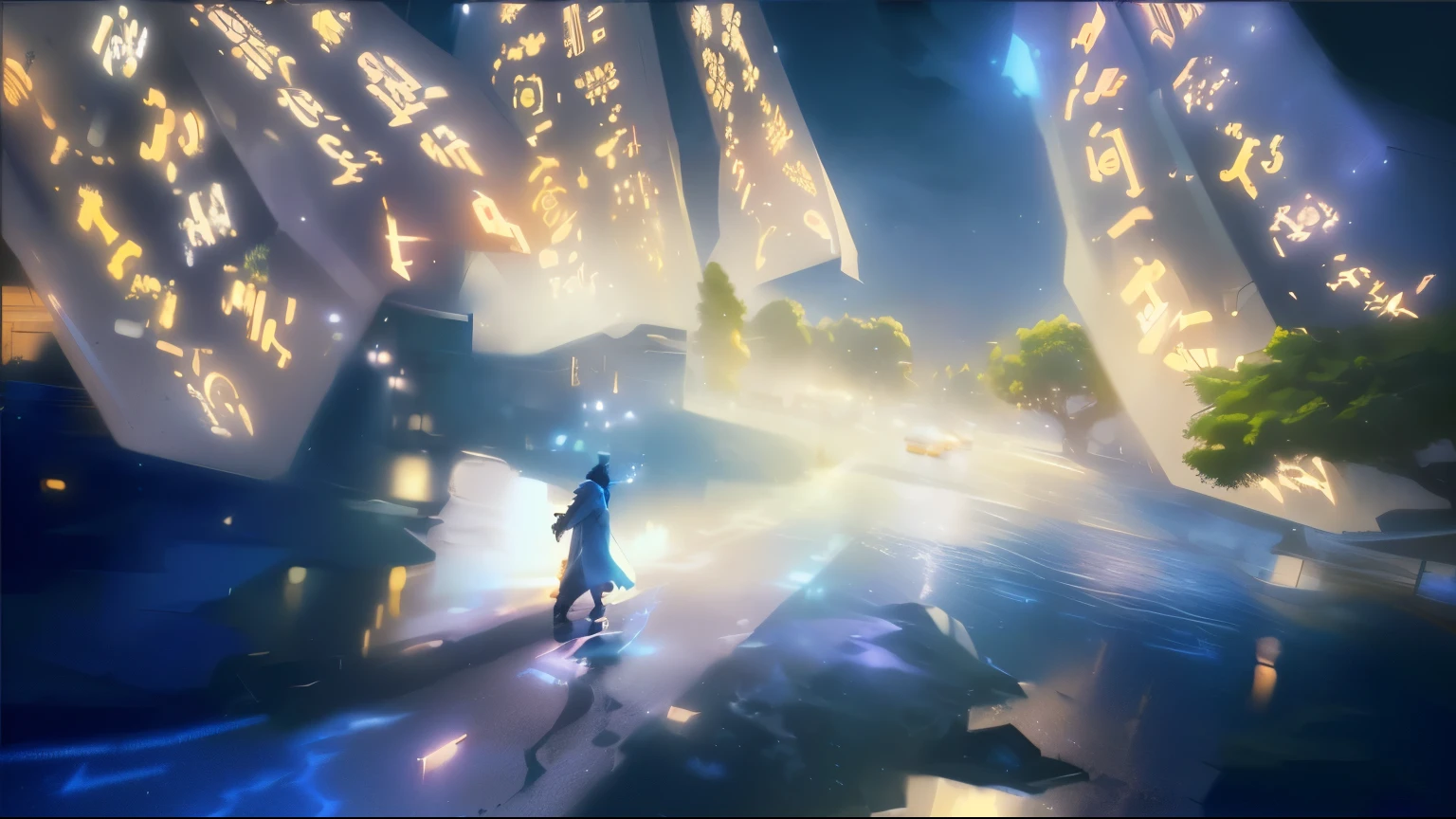 anime scene of a man walking through a city with a lot of lights, makoto shinkai cyril rolando, concept art magical highlight, dreamlike digital painting, 2. 5 d cgi anime fantasy artwork, rossdraws global illumination, a beautiful artwork illustration, magical concept art, epic concept art. bokeh, dramatic lighting. concept art, emotional concept art