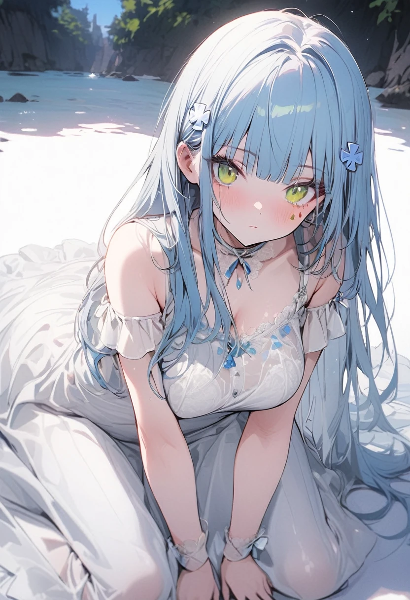（(1girl))，(((high resolution))),((full body)),straight hair,large breatst,Masterpiece，Super detailed，((white background))，Cool look,((hk416)) ，Hime cut,childish appearance,(expressionless),blunt bangs,(Sky blue hair)，long hair，big breasts,Teenage Girls,Clear Eyes，Green Eyes,white skin,Great graphics,White dress,Delicate Features,white ,(NSFW)