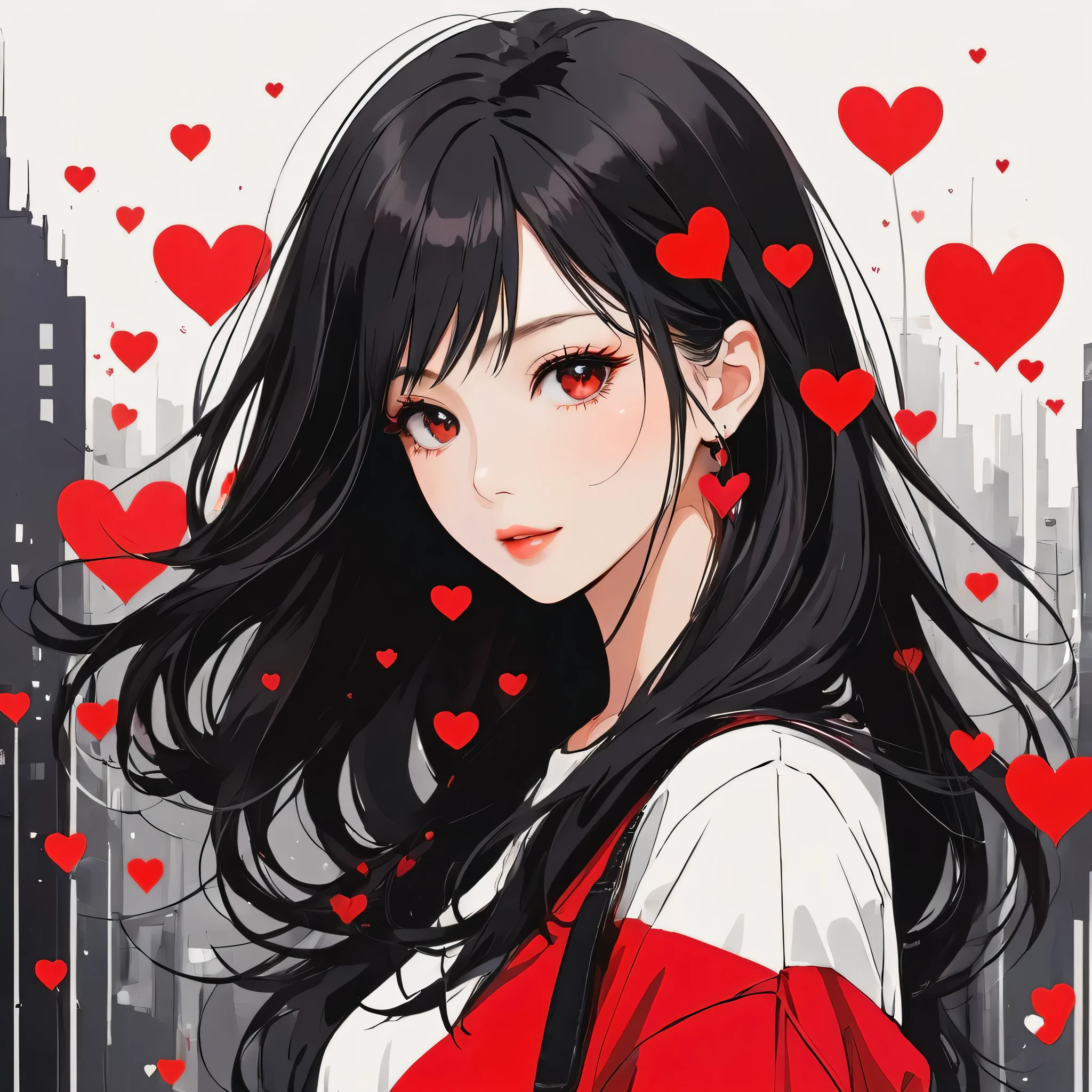 Black Star Red and White style, Simple Line Initialism，Abstract art，Urban Background, colorful hearts ,(((The most beautiful girl of all time))),