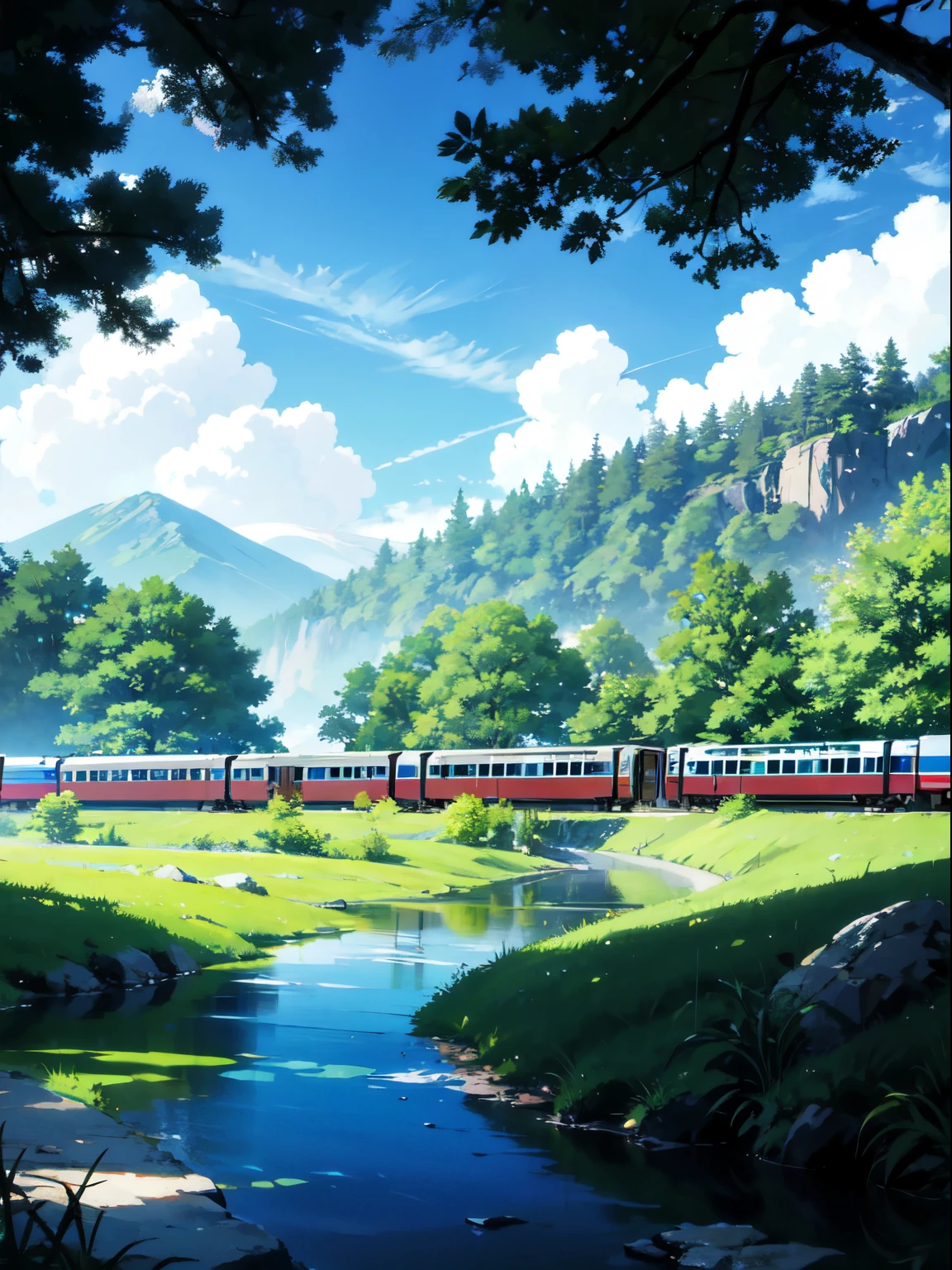 ((best quality)), ((masterpiece)), (detailed), sunny,Animation scene of a train passing by under the sky,There are green trees and lush grass on both sides.,Next to it is a small stream,There are fish in the creek,Create an anime-style scene。The background is a dense forest,There is a distant mountain range behind。Bright colors、Clear focus、Natural light、Soft shadows and a tranquil ambience,Girl sitting on wooden chair looking at train,Blue sky and white clouds,breeze,Broad field of vision