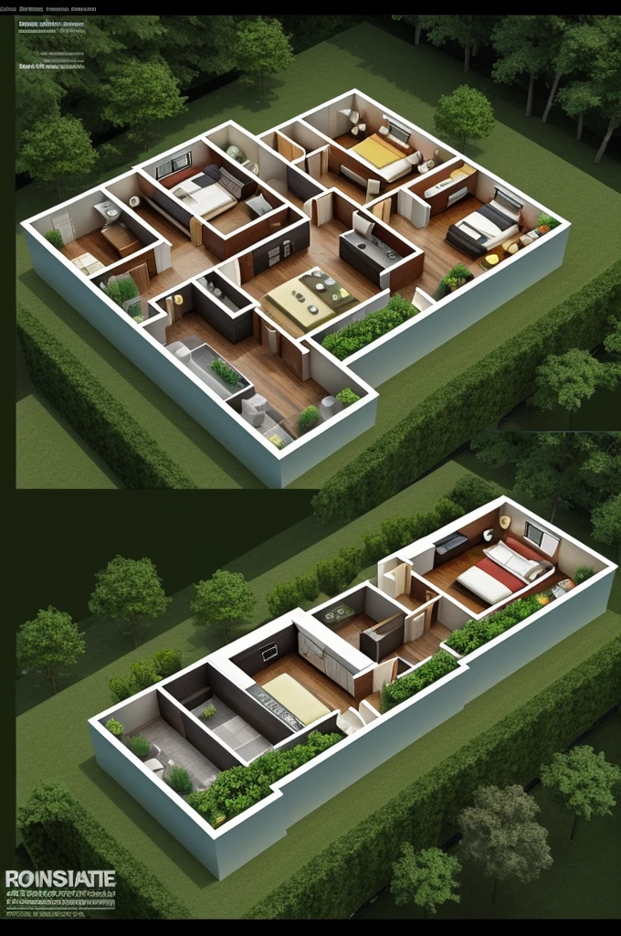 Create an isometric plan of a house in a ravine, The house has 3 levels, each level facing different directions.