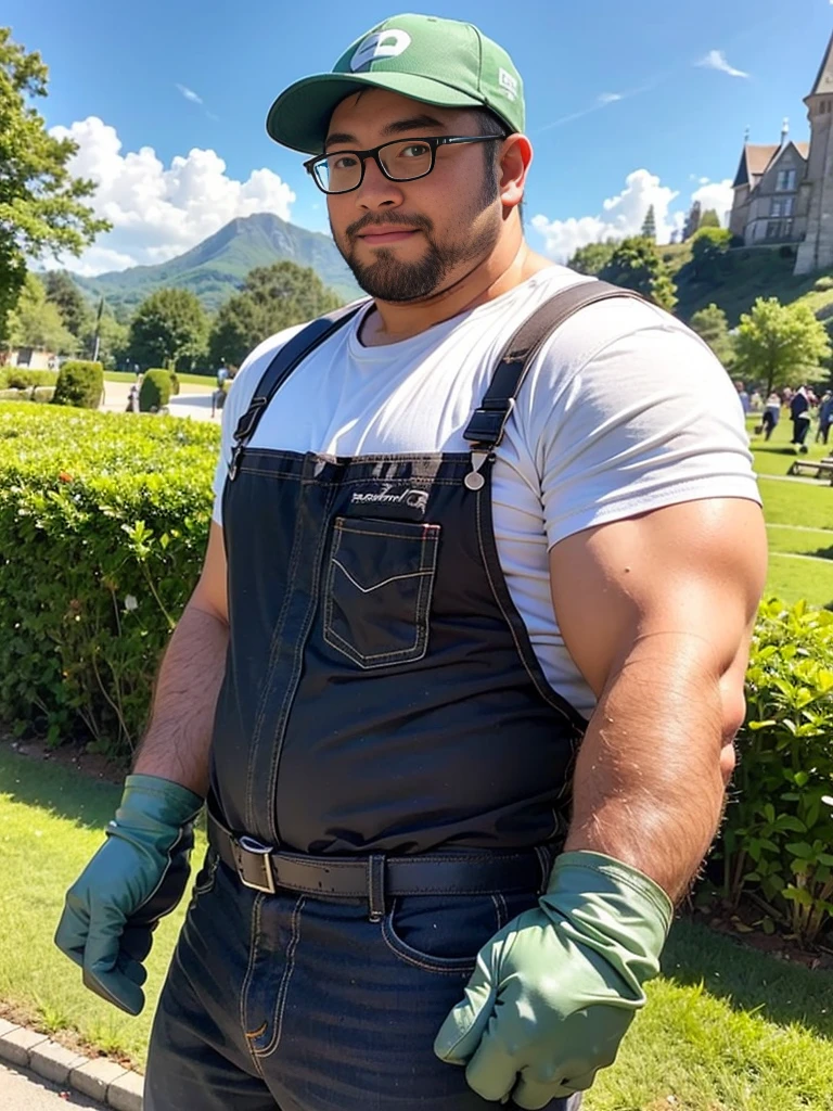 crew cut, (((full body))), (((landscape))), mature man, [slightly fat], asian man, rounded face, brown eyes, ((rounded face)), glasses, balding, 1boy, Solo, (big shoulders), (((stubbles, Short beard))),luigi, mustache, green shirt, overalls, green hat, white gloves, looking at viewer, serious, outside, castle background, blue sky, extremely detailed, hdr,