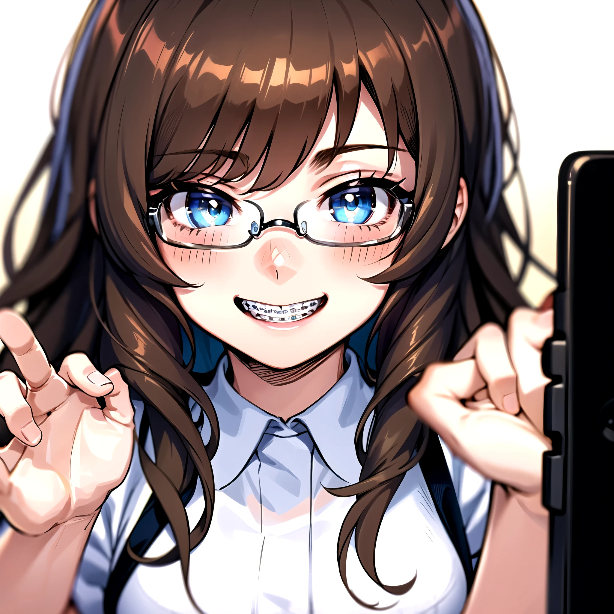 1girl, seductive eyes, braces, glasses, smiling, cute, face focus, blue eyes, blush, brown hair, best quality, masterpiece, highres