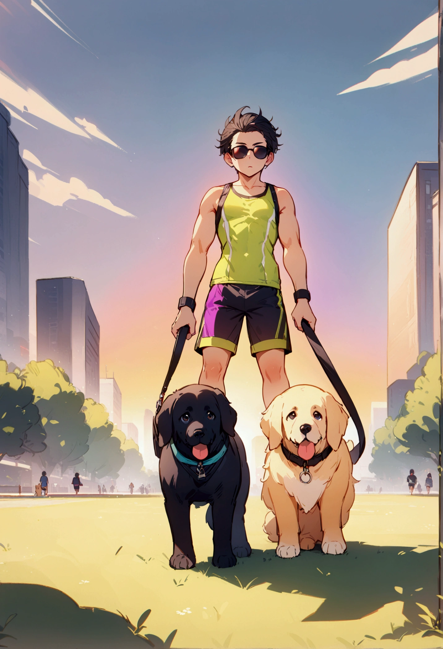 best quality, masterpiece, 8K, HD, young man, wearing neon colored sports tank top and tight booty shorts, wearing stylish sunglasses, brisk jogging while holding two dogs on leashes, a big black dog and a golden retriever in front of him, in a park, metropolitan city in the background, front view, full body, zoomed out, vibrant colors, highly detailed