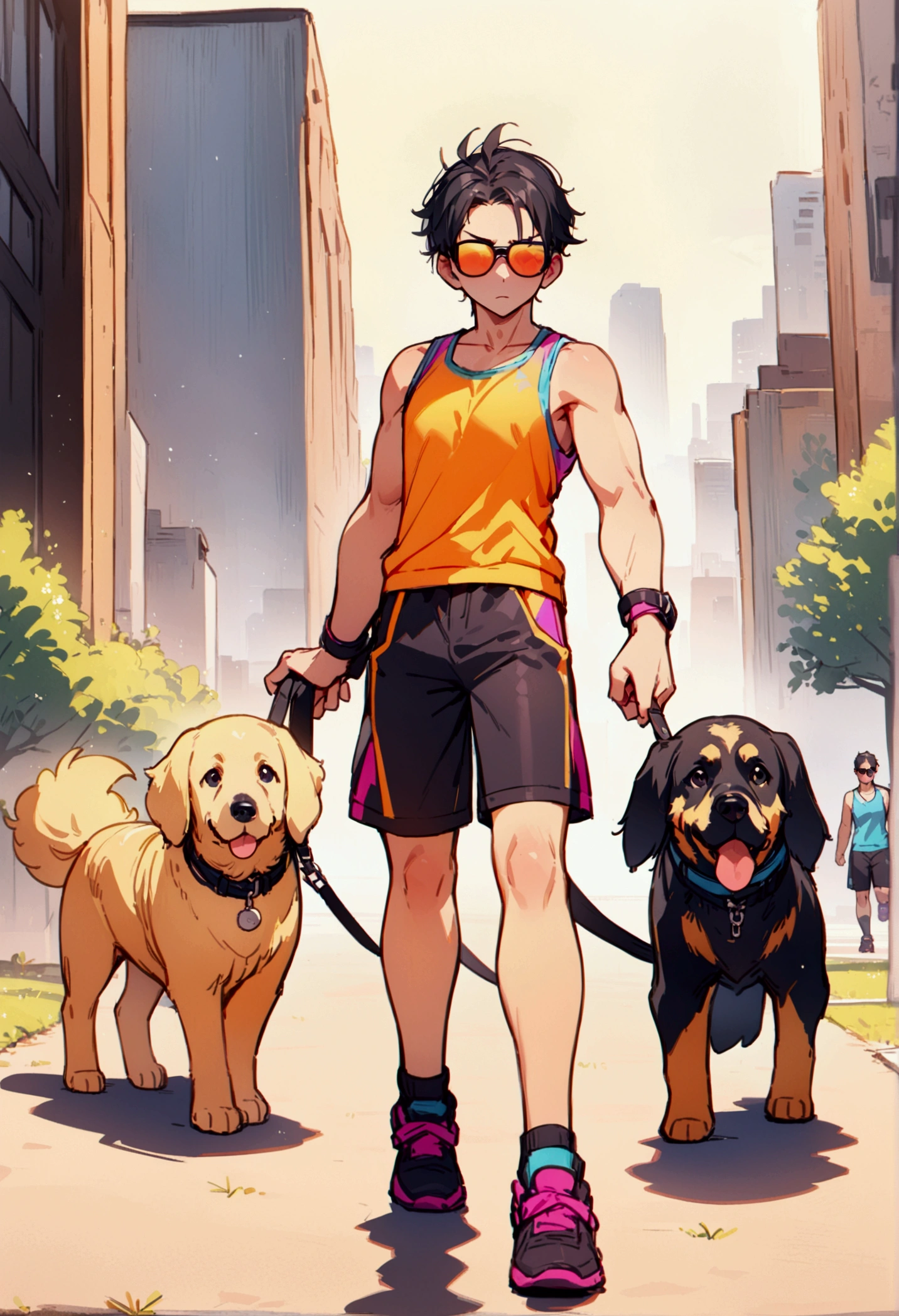 best quality, masterpiece, 8K, HD, young man, wearing neon colored sports tank top and tight booty shorts, wearing stylish sunglasses, brisk jogging while holding two dogs on leashes, a big black dog and a golden retriever in front of him, in a park, metropolitan city in the background, front view, full body, zoomed out, vibrant colors, highly detailed