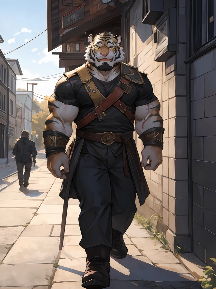 White Tiger Orc,Golden pattern,Scar on left eye,The left pupil is black,Right eye pupil,Walking down the street smiling