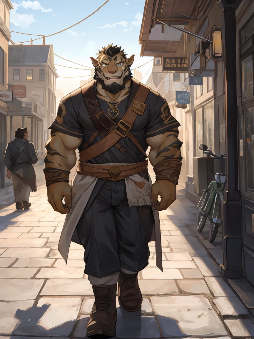 White Tiger Orc，Golden pattern,Scar on left eye，The left pupil is black，Right eye pupil，Walking down the street smiling