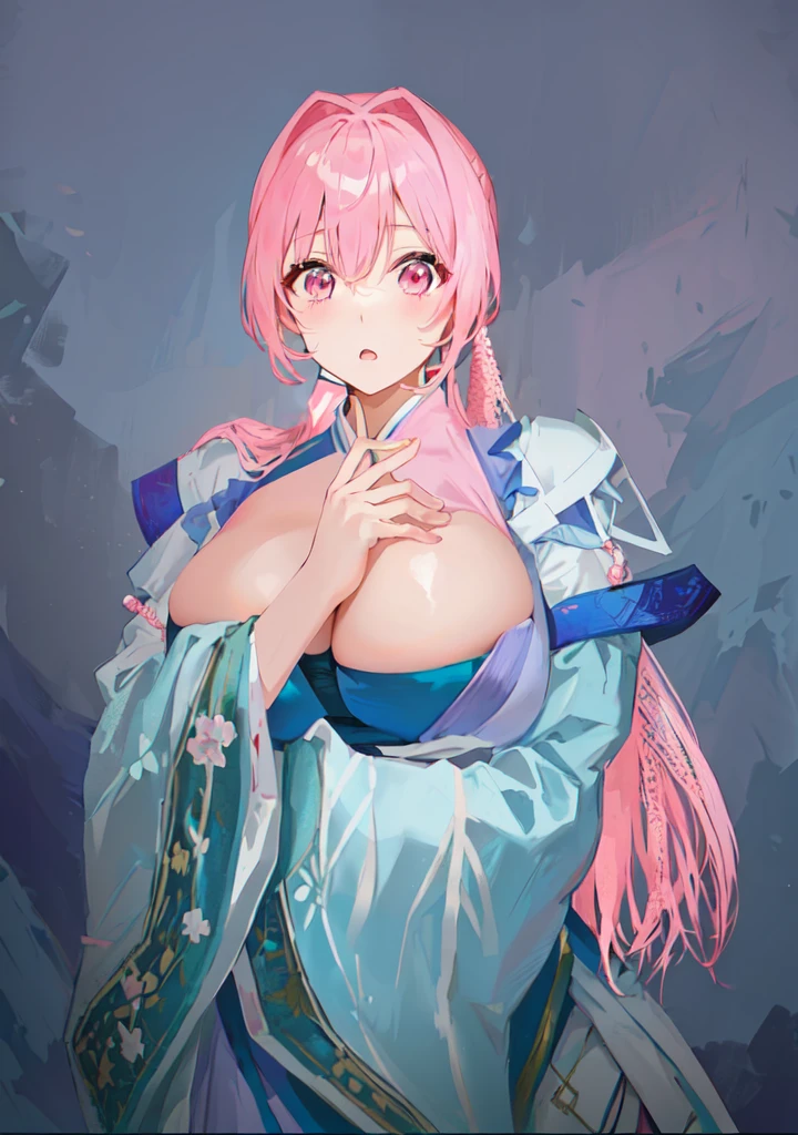 Pink Hair、Anime girl in blue dress poses for photo, Pink ponytail头发和粉色眼眸, Produced in collaboration with Anime Painter Studio, In the anime painter studio, ,  Sonison，超级Sonison，Celluloid，Three Kingdoms，Chinese style，antiquity，Hanfu，，Huge Breasts，Good shape，Pink ponytail，Pink long hair，Costume，包不住的Huge Breasts，Cute girl，Noble