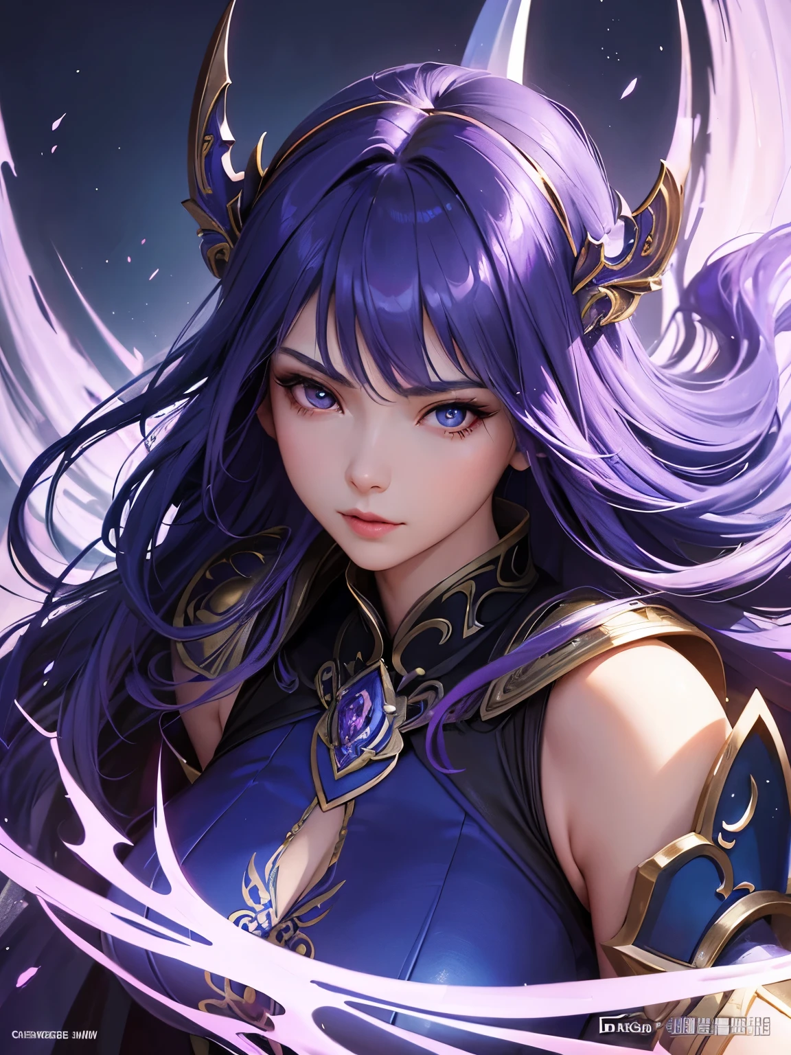Close-up of a woman in a purple and blue dress, Chengwei Pan at Art Station, Jan J, Detailed fantasy art, Amazing character art,Himiko, Fan Art Best Art Station, Magnificent and elaborate character art, Beautiful Armor, Highly detailed art gems, Detailed Digital Animation, Armor Girl