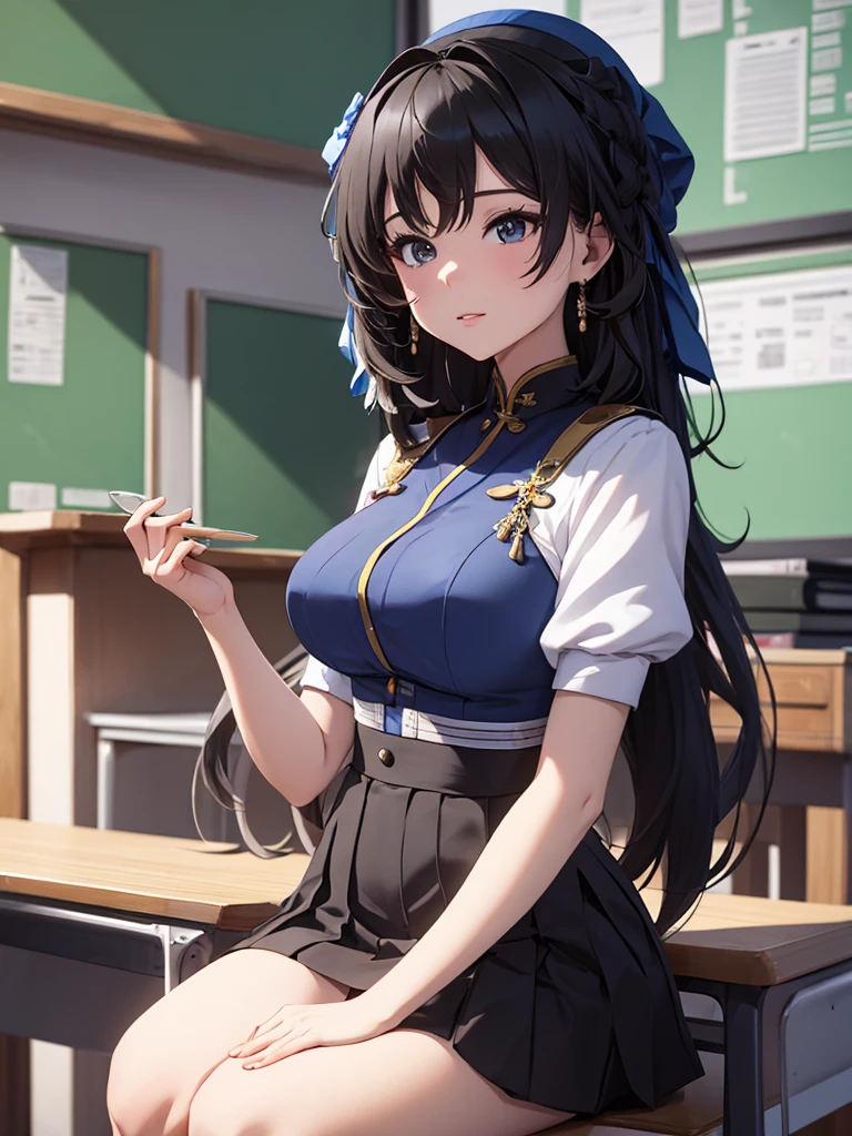 Yangyang from wuthering waves, 1woman, wearing a Japanese highschool girl uniform, white shirt and blue skirt, at a classroom , black colour hair style, 8k, high detailed, high quality