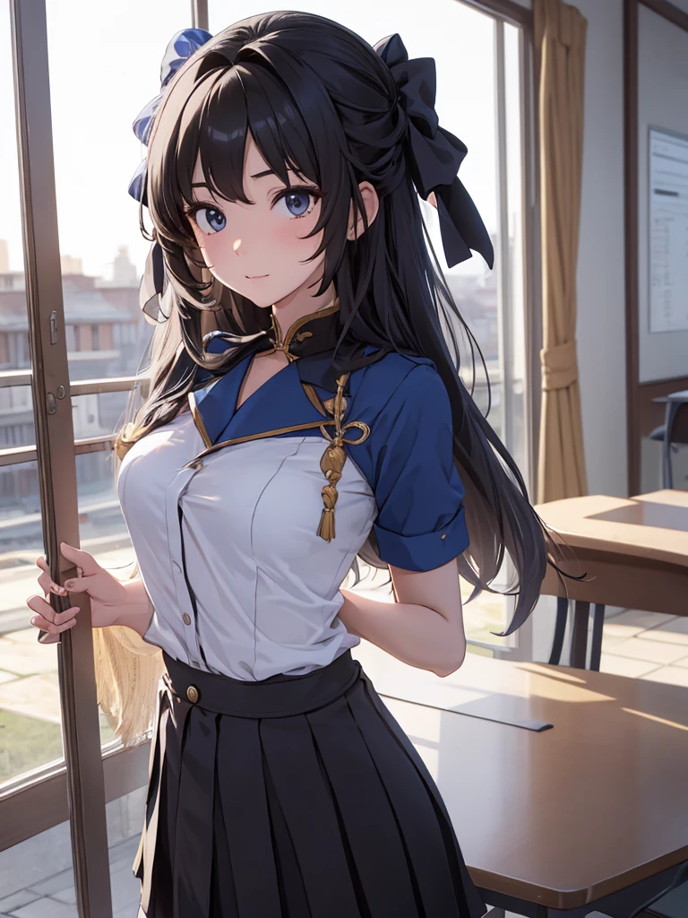 Yangyang from wuthering waves, 1woman, wearing a Japanese highschool girl uniform, white shirt and blue skirt, at a classroom , black colour hair style, 8k, high detailed, high quality