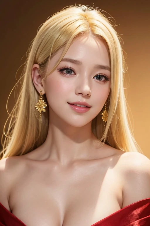 1 girl, alone, open eyes, decorations, earring, blonde hair, bare shoulders, realistic, gold background, collarbone, smile, Long eyelashes, decorationsผม, lips, upper body, set, chest, put on makeup, long hair, off shoulder, flower, rift, red set, Portrait