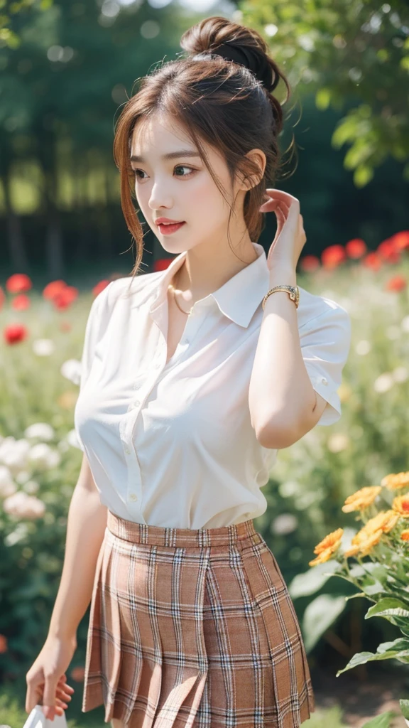 NSFW, 8k RAW photos, best quality, masterpiece, ultra high resolution, film grain, movie, 1 woman, looking at viewer, natural skin texture, Realistic eye and facial details, full Lips, Lipstick, (assembly), Red eyeshadow, ponytail hairstyle, messy hair, laugh, 입을 다water다, beautiful leg, tall woman, thin, slim_leg, alone, huge breasts, I can see my cleavage, posture with chest out., pretty short skirt, ~~~~am, shirt, beautiful natural location, Around the flower field, (detailed background), plaid skirt, white shirt, huge breasts, divided, Show a little divided through the shirt, loafers, treasury background, treasury, possession, plaid, short sleeve, brown hair, bracelet, water, forehead, , jewelry store, parted Lips, Lips, pleated skirt, depth of field