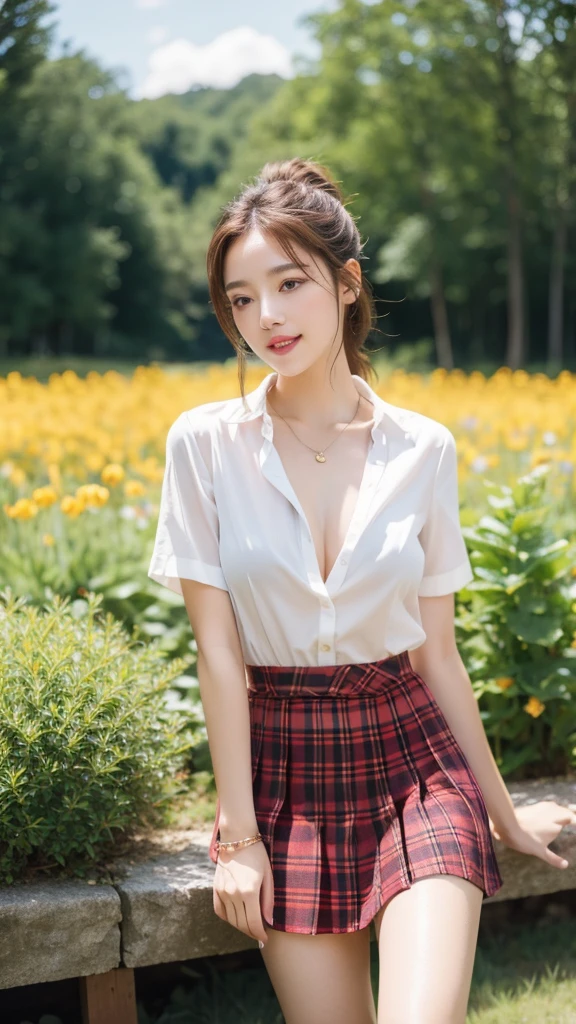 NSFW, 8k RAW photos, best quality, masterpiece, ultra high resolution, film grain, movie, 1 woman, looking at viewer, natural skin texture, Realistic eye and facial details, full Lips, Lipstick, (assembly), Red eyeshadow, long straight hairstyle, messy hair, laugh, 입을 다water다, beautiful leg, tall woman, thin, slim_leg, alone, huge breasts, You can see my cleavage, I can see your underwear, posture with chest out., pretty short skirt, I can see your panties, leg를 벌려요,shirt, beautiful natural location, Around the flower field, (detailed background), plaid skirt, white shirt, huge breasts, split, Show a little split through the shirt, loafers, treasury background, treasury, possession, plaid, short sleeve, brown hair, bracelet, water, forehead, , jewelry store, parted Lips, Lips, pleated skirt, depth of field