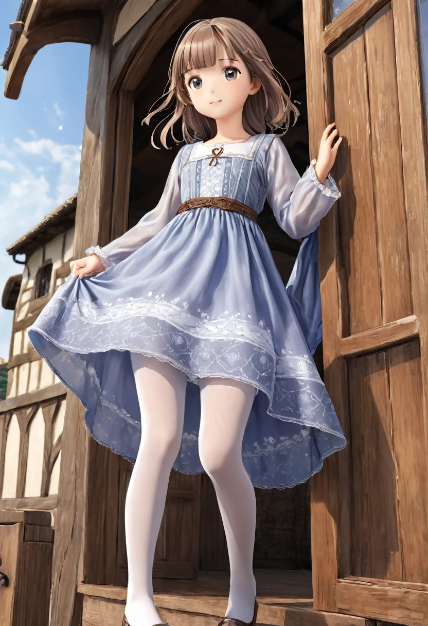 10 year old girl underwear, Realistic panties made from patterned cotton fabric, Medieval one-piece dress with panniers, Fabric Realism, Low - Angle, You can see the drawer, Pull up the dress by hand, Strong winds, Translucent slip, Translucent slip, tights, Highest quality, Crotch close-up, whole body
