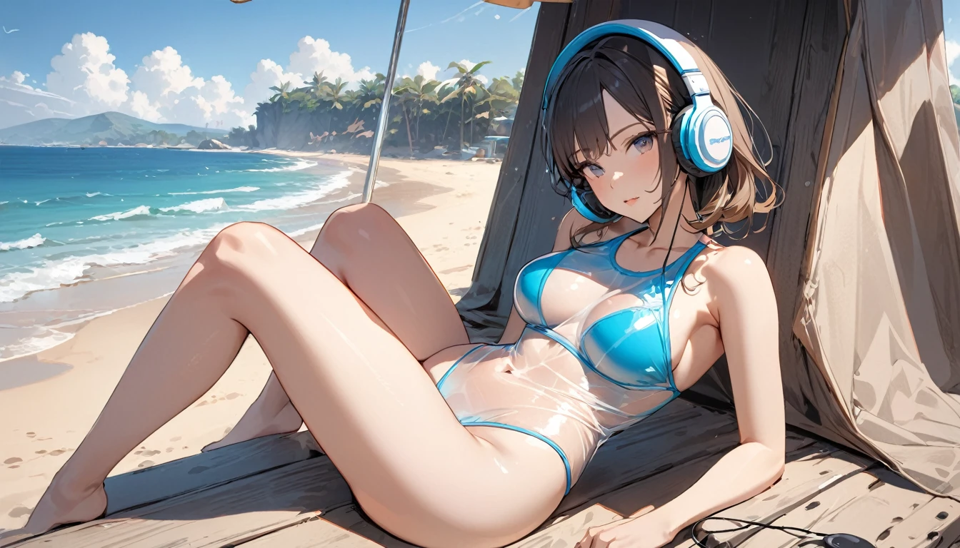 ((Top Quality)), ((Masterpiece)), ((Details)), perfect face, perfect body, sitting by the beach, listening to music, wearing headphones, wearing swimsuit, transparent swimsuit, wearing clothes exposing tight hips and breasts Woman with face visible, sitting with legs apart