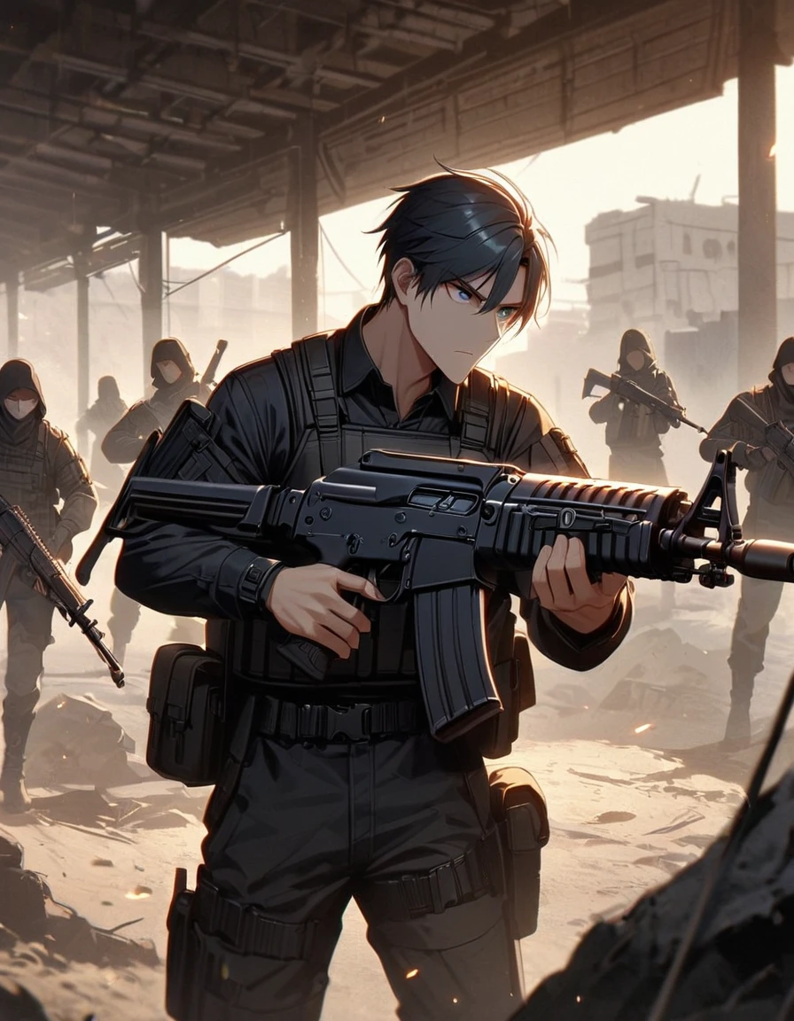 Masterpiece, best quality, 1 person, 30 year old man, Focus Man, alone, alone focus, black hair, Turquoise eyes, black bulletproof vest, Mercenaries, (holding an assault rifle((AK46 gun)), Standing position, Standing shooting position, ฉากหลังพื้นShooting practice, Shooting practice, serious,Aim the gun., solemn face, dangerous atmosphere,AK46 gun,black gun,AK 46 black.