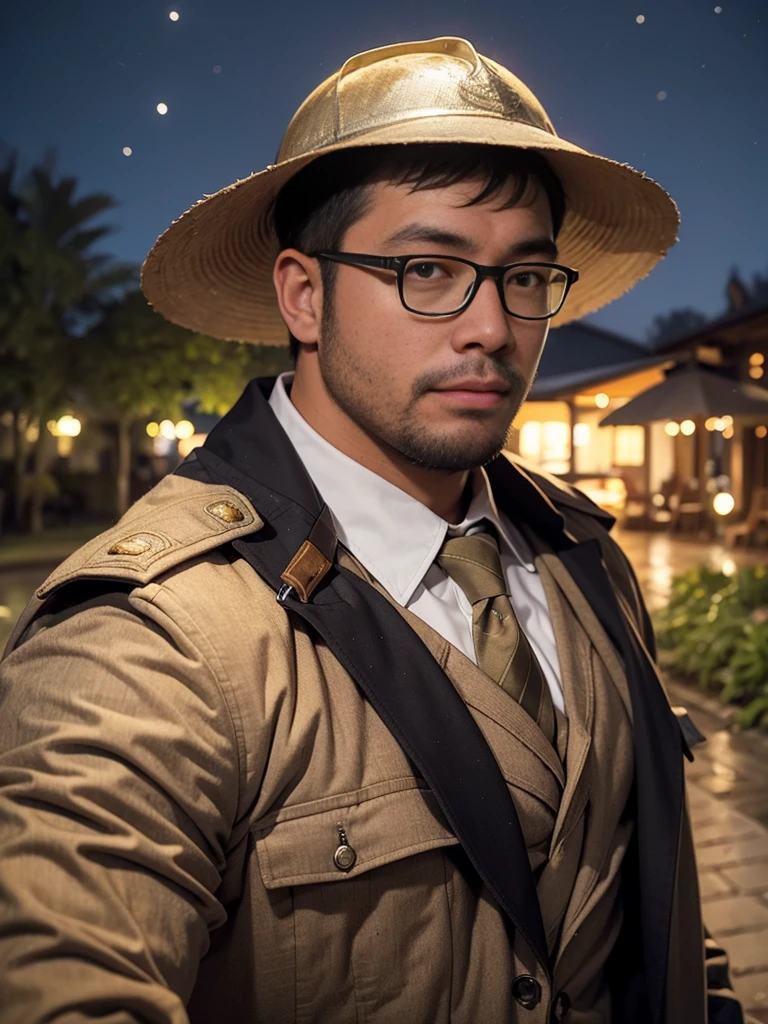 crew cut, (((full body))), (((landscape))), mature man, [slightly fat], asian man, rounded face, brown eyes, ((rounded face)), glasses, balding, 1boy, Solo, (big shoulders), (((stubbles, Short beard))), A man, male, tall, beard, dirty, night, night sky, midnight, outside, mud, dirt, trenches, french uniform, ww1, helmet, blue uniform, enlisted