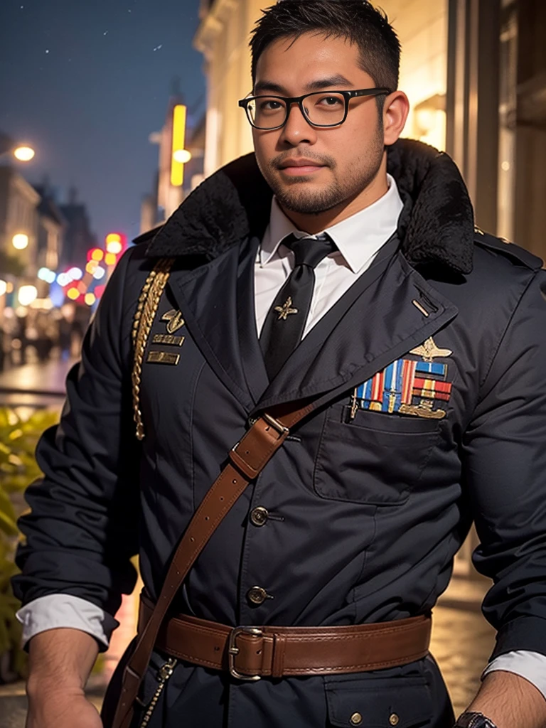 crew cut, (((full body))), (((landscape))), mature man, [slightly fat], asian man, rounded face, brown eyes, ((rounded face)), glasses, balding, 1boy, Solo, (big shoulders), (((stubbles, Short beard))), A man, male, tall, beard, dirty, night, night sky, midnight, outside, mud, dirt, trenches, french uniform, ww1, helmet, blue uniform, enlisted