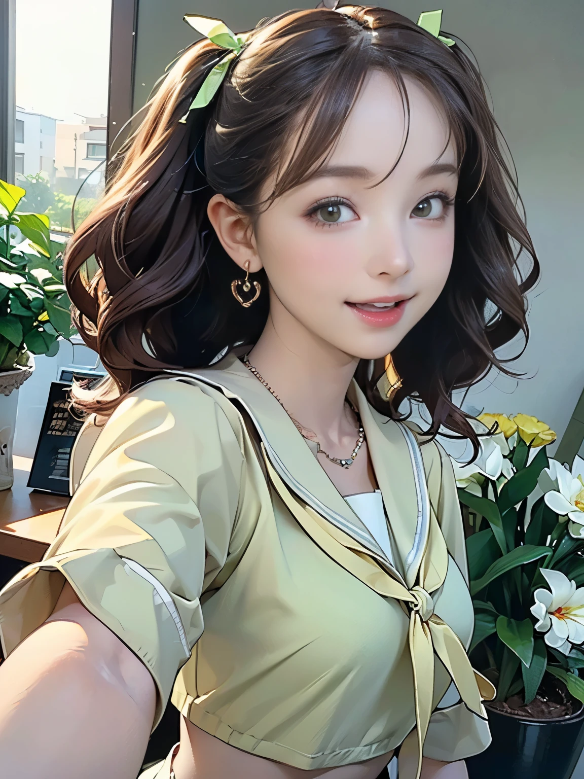 ((((Highest quality))))、(((Ultra-precision CG16K wallpaper)))、(((masterpiece)))、(((Super detailed)))、(((Extreme detail)))、((1Mature 29 year old woman:1.6))、((Very beautiful Japan face of a person))、((Urizane Face:1.8))、((Twin tail soft wave hair:1.6))、(Shiny Hair)、A delicately drawn beautiful face、(Dark Eyes、Reflected light from the eye)、double eyelid、High nose、Small nostrils、Small Mouth、Seductive lips、Beautiful breasts、((B cup size breasts))、Cleavage、eight-headed body、Perfect proportions、Perfect Anatomy、Perfect composition、Beautiful detailed shading、Beautiful, natural lighting、Beautiful detail glow、Depth of written boundary、(((High chroma)))、(((Real:1.9)))、((vivid:1.5))、((Beautiful Skin))、((Skin Texture))、((Realな皮膚感))、(((Bust Shot:1.6)))、(((front view、shoot from front、front low angle:1.6)))、(((Half-open mouth、Half-open eyes、Ecstatic face:1.8)))、((blush:1.3))、(((looking at camera:1.6)))、Bright daylight、Natural light、(((background_living、vase:1.5)))、(Selfie pose:1.7)、(((High school girl wearing light green sailor uniform:1.6)))、((Hair Ribbon、necklace、Wearing earrings:1.5))、