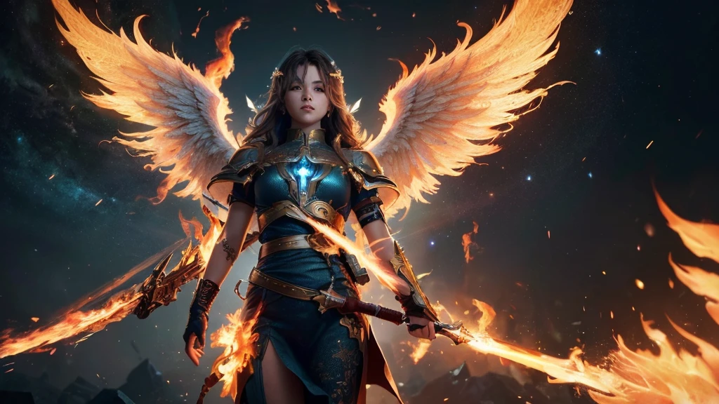 Imagine Quinn from League of Legends in her Phoenix skin, massive k-cups,featuring fiery, golden armor and a majestic, mythical bird aesthetic. Capture the moment she activates her Heightened Senses ability, with Valor soaring high and revealing enemy positions while Quinn’s eyes glow with intense focus.