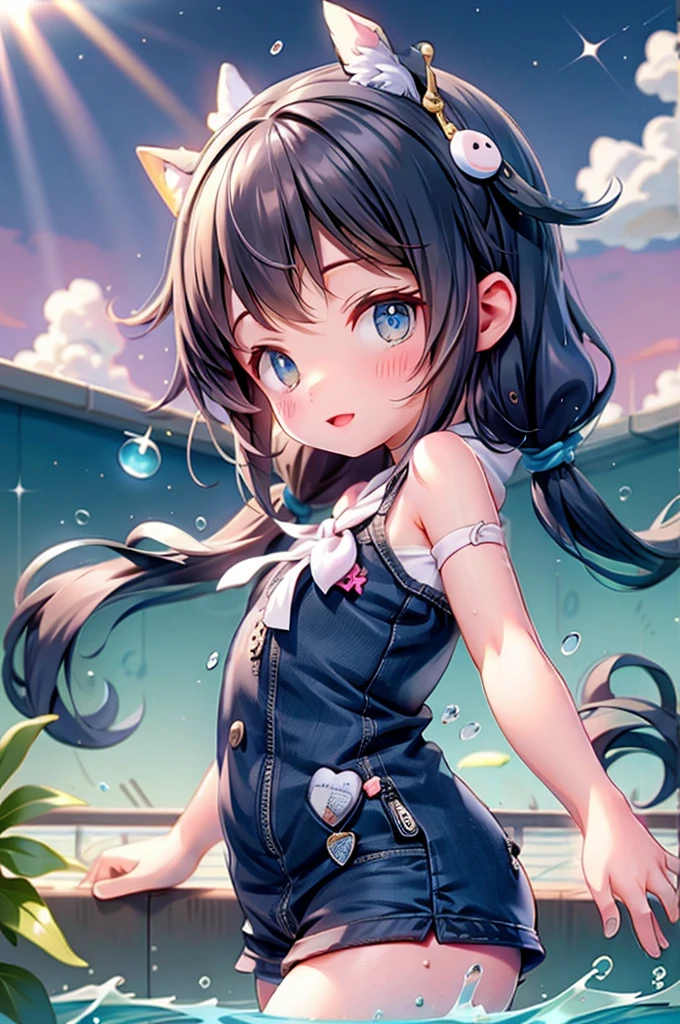 masutepiece, Best Quality, hyper detailed illustration，beautiful artwork，(One girl)，1girl in、Solo，(Navy blue school swimsuit:1.5)，(Black hair color)，Twin-tailed，(Big smile:1.5)，(Tsurime)，(Open your mouth wide)，Bright smile，(cowboyshot)，(luminous sky:1.3)，(Sheer sunlight:1.5)，(Swimming pool:1.4) ，Smaller chest，(School swim wear)，Wet，Water droplets，Correct fingers，from side，Head tilt，