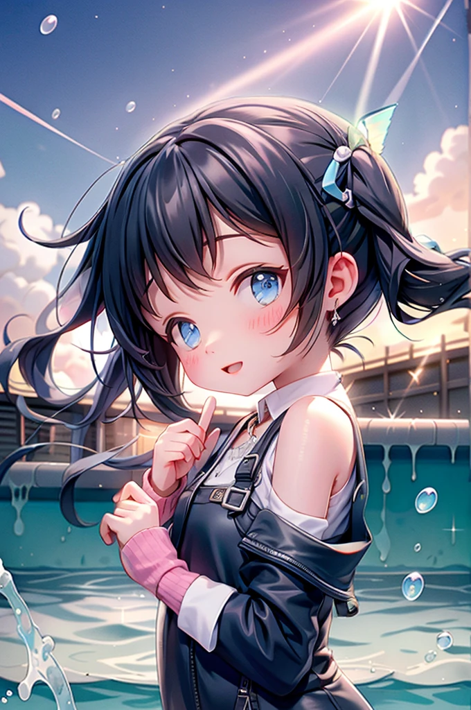 masutepiece, Best Quality, hyper detailed illustration，beautiful artwork，(One girl)，1girl in、Solo，(Navy blue school swimsuit:1.5)，(Black hair color)，Twin-tailed，(Big smile:1.5)，(Tsurime)，(Open your mouth wide)，Bright smile，(cowboyshot)，(luminous sky:1.3)，(Sheer sunlight:1.5)，(Swimming pool:1.4) ，Smaller chest，(School swim wear)，Wet，Water droplets，Correct fingers，from side，Head tilt，