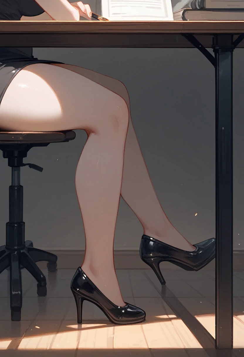 lower body half only, close up pair of legs, wearing a black pencil skirt, very thick legs, thick thighs, wearing black high heel pumps, under the table only, show legs, thighs and feet under the table, side view