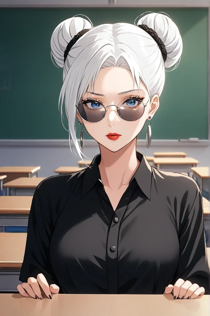 Woman,  female, solo, alone, jujutsu kaisen, white hair, hair bun, white eyebrows, white eyelashes, light blue eyes, detailed eyes, wearing round sunglasses, wearing black shirt, black clothing, classroom, high quality, 4k resolution, anime,red lipstick,silver jhumka earrings,long jhumka earrings ,hd,hud