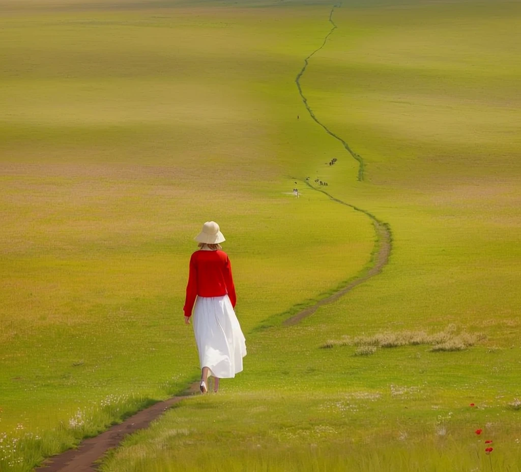 Araffe in red shirt and white skirt walking in the field, Walk on the grass, A woman walking, walking away, walking away from the camera, walking away from camera, Walking in the tall grass, Girl walking on the mountain, In the grassland, Human walking, inspired by Scarlett Hooft Graafland, In the vast and peaceful landscape