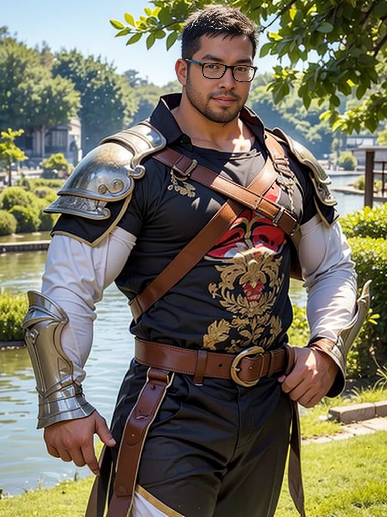 crew cut, (((full body))), (((landscape))), mature man, [slightly fat], asian man, rounded face, brown eyes, ((rounded face)), glasses, balding, 1boy, Solo, (big shoulders), (((stubbles, Short beard))),A man holding a sword and shield with mouth wide open, black hair, brown eyes, male paladin, golden armour, traditional Japenese House in background, 8k, Surrealism, Masterpiece, Anime art