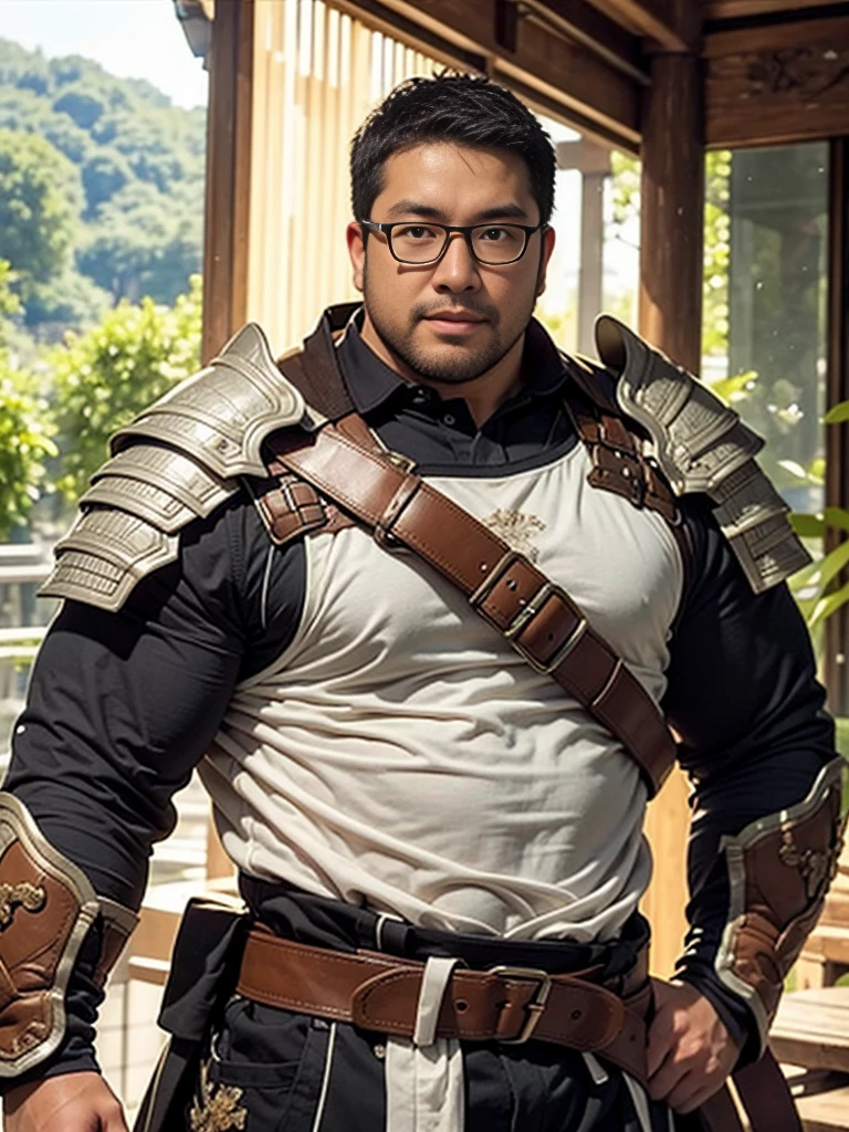 crew cut, (((full body))), (((landscape))), mature man, [slightly fat], asian man, rounded face, brown eyes, ((rounded face)), glasses, balding, 1boy, Solo, (big shoulders), (((stubbles, Short beard))),A man holding a sword and shield with mouth wide open, black hair, brown eyes, male paladin, golden armour, traditional Japenese House in background, 8k, Surrealism, Masterpiece, Anime art