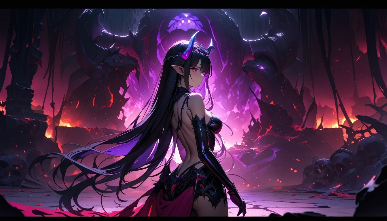 masterpiece, Best quality, 1 girl,photo, Studio photography, from the waist up, upper body, Shoulders back, long hair covers shoulders, headband with black roses and veil, tiara of bloodstones and rubies with black metal, pale-skinned woman with a seductive expression, iridescent skin, Succubus, Twisted Horns, on a throne of stone spikes in the underworld, Underworld, afterlife, Surrounded by demons, Gloomy atmosphere, purple lighting, light rays, skull, iridescent scepter、Toned waist、Wide buttocks、Эффект Тиндаллаmasuter piece、top quality、Highest standards、Highest image quality、table、complex parts、A high resolution、depth of field、natural soft light、professional lighting、about, standing, very long hair, cowboy shot, brilliant, brilliant hair, (night:1.2),Dreamy, [[gentle fingers and hands:0.55]::0.85],(detailed fingers),),(emotional),(breathtaking),(main part:1.2) whole body.), (Anime Style), (Super Detailed), (brutal), (uhd, HDR), (8K), (High Resolution: 1.2), (Complex and Beautiful: 1.2)