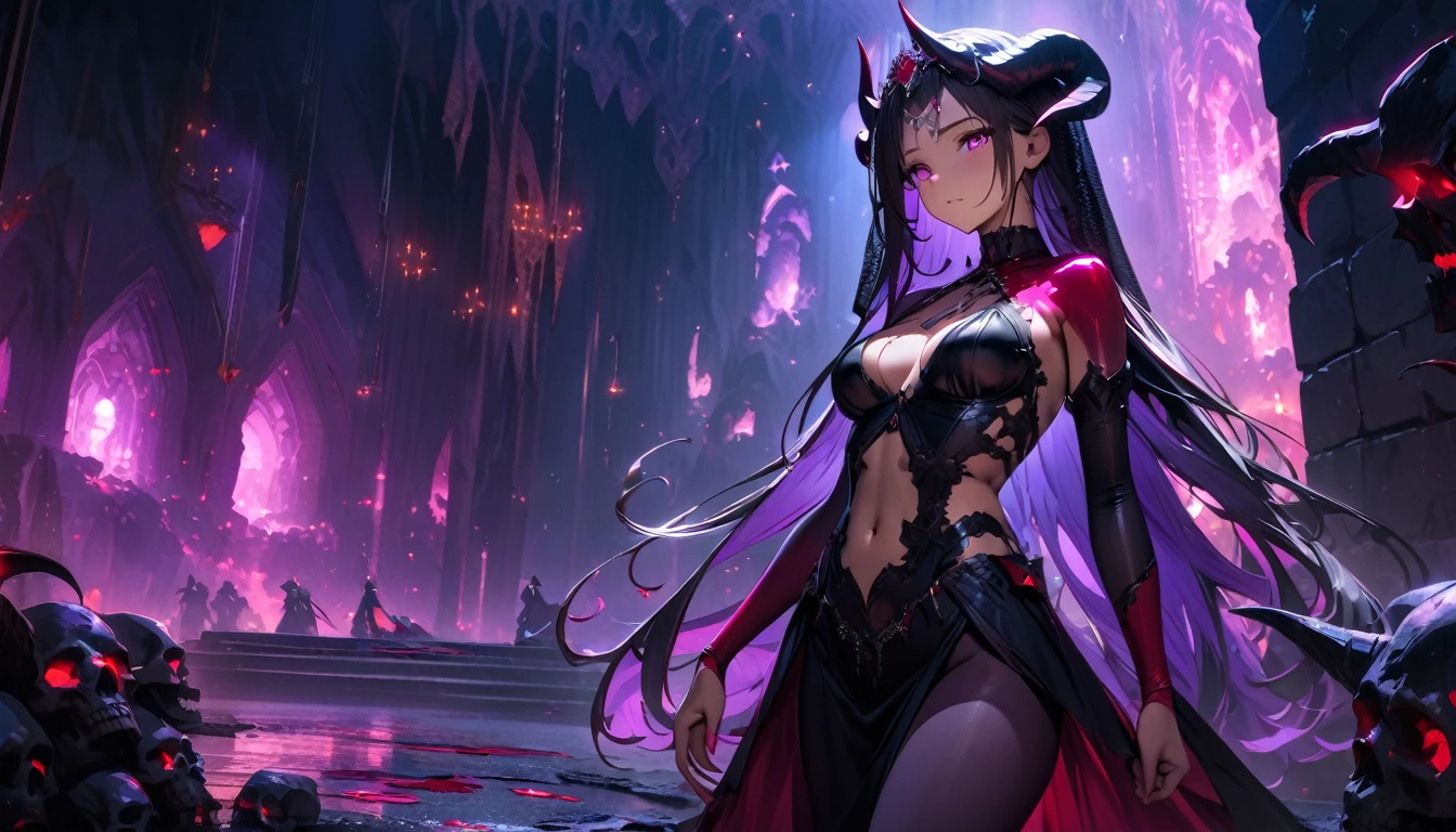 masterpiece, Best quality, 1 girl,photo, Studio photography, from the waist up, upper body, Shoulders back, long hair covers shoulders, headband with black roses and veil, tiara of bloodstones and rubies with black metal, pale-skinned woman with a seductive expression, iridescent skin, Succubus, Twisted Horns, on a throne of stone spikes in the underworld, Underworld, afterlife, Surrounded by demons, Gloomy atmosphere, purple lighting, light rays, skull, iridescent scepter、Toned waist、Wide buttocks、Эффект Тиндаллаmasuter piece、top quality、Highest standards、Highest image quality、table、complex parts、A high resolution、depth of field、natural soft light、professional lighting、about, standing, very long hair, cowboy shot, brilliant, brilliant hair, (night:1.2),Dreamy, [[gentle fingers and hands:0.55]::0.85],(detailed fingers),),(emotional),(breathtaking),(main part:1.2) whole body.), (Anime Style), (Super Detailed), (brutal), (uhd, HDR), (8K), (High Resolution: 1.2), (Complex and Beautiful: 1.2)