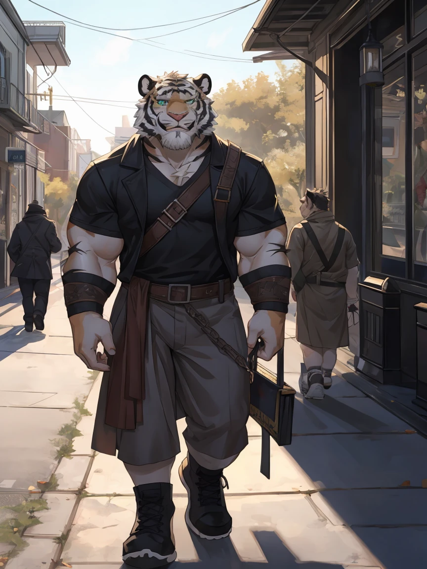 White Tiger Orc,Golden pattern,Scar on left eye,Heterochromia(Left eye black,Right Eye),Walking down the street smiling