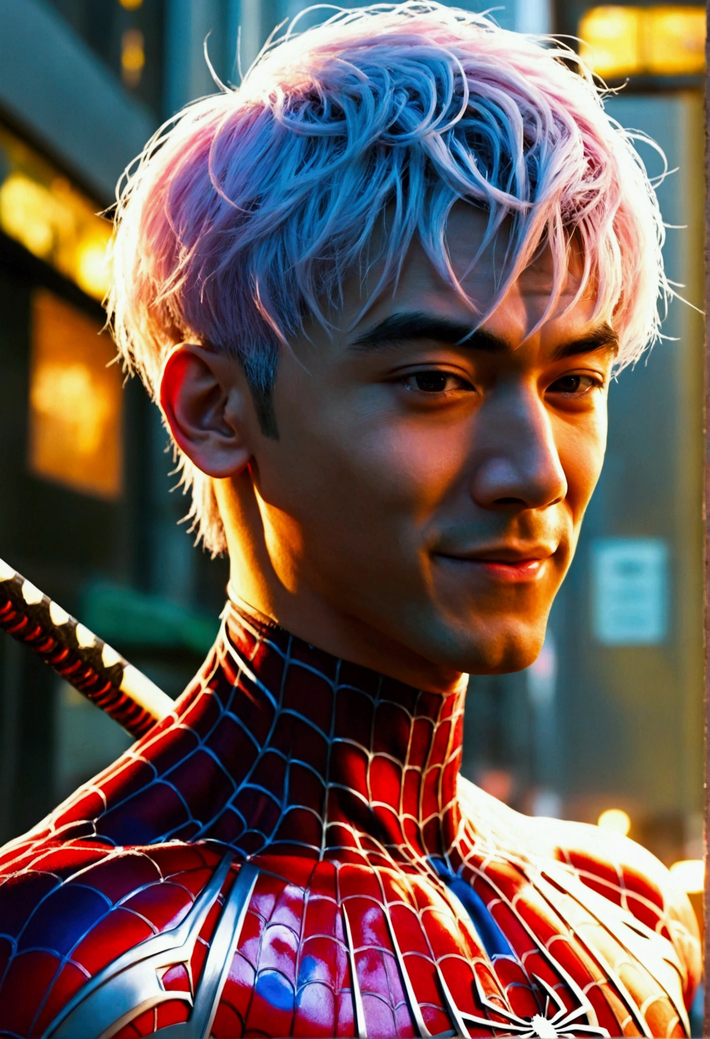 A naked man with black hair, pink highlights, black eyes, a handsome face, Full chest muscles, Buzz cut,Stylish short hair,a mischievous smile, eyebrow piercing, nose piercing, wearing a Spider-Man costume. Face looks like a Chinese man A little muscular sexy poses and hugged the neck of a tall man with white hair, red eyes, and a mischievous smile. Wear a white suit and have long hair. His face was handsome, tall, muscular, and smiling. He held a katana.