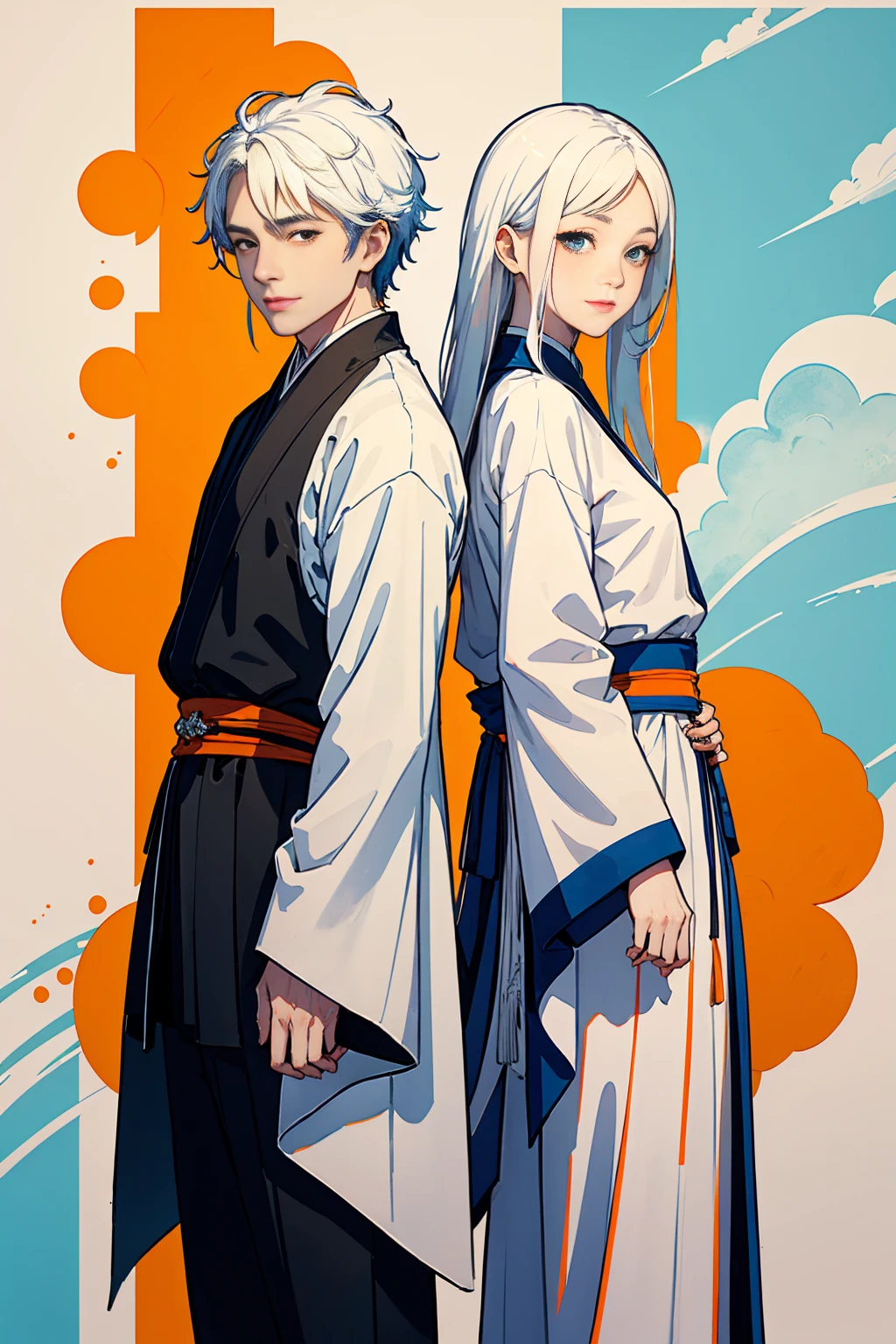 high quality , one white hair girl and one white hair boy, long hair, wuxia character, ((white clothes with blue and orange accent)), ink painting background, flat background, minimalist background, wind pattern background, smiling, standing back to back