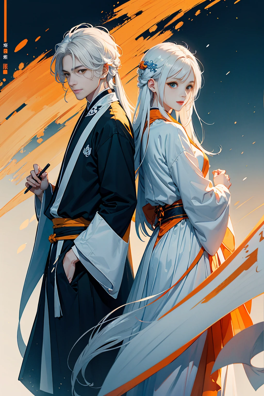 high quality , one white hair girl and one white hair boy, long hair, wuxia character, ((white clothes with blue and orange accent)), ink painting background, flat background, minimalist background, wind pattern background, smiling, standing back to back