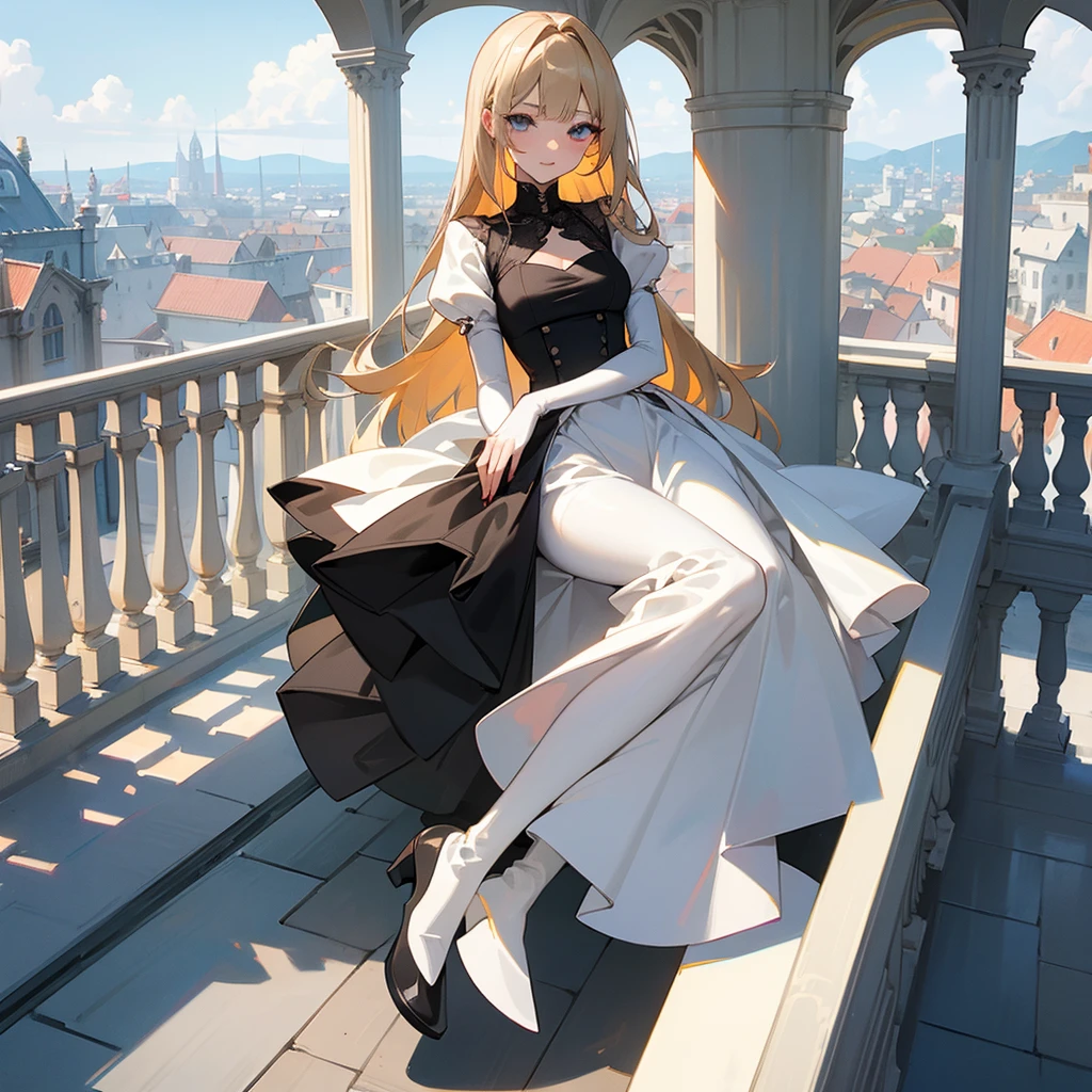 masterpiece, highest quality, Very detailed, 17 year old blonde, heterochromia eyes;red colored one eye and gray colored another one eye, She is wearing a short strapless latex dress and long stiletto boots., I’m sitting on balcony were its sunny clouded weather, full body sample 、cute、Beauty、Sharp、Embarrassed、