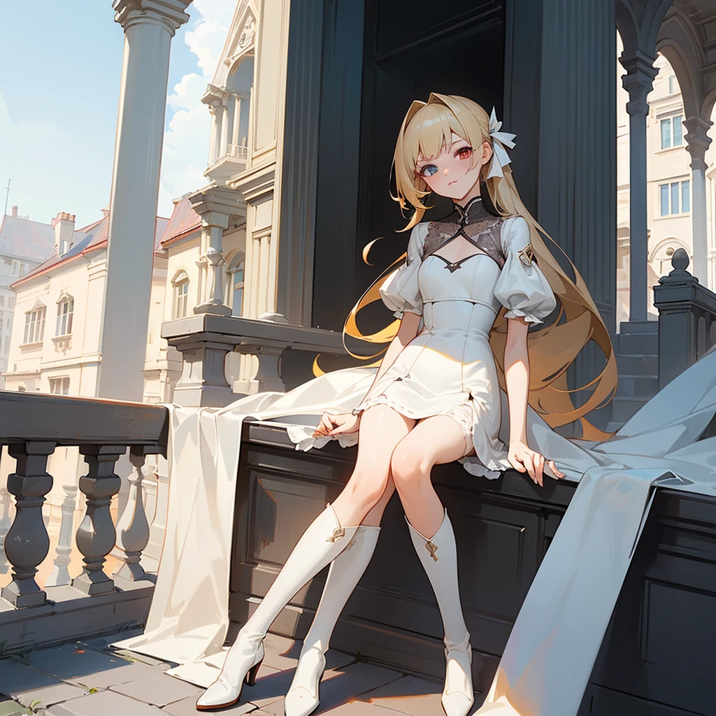 masterpiece, highest quality, Very detailed,  17 year old blonde, heterochromia eyes;red colored one eye and gray colored another one eye, She is wearing a short strapless latex dress and long stiletto boots., I’m sitting on balcony were its sunny clouded weather, full body sample 、cute、Beauty、Sharp、Embarrassed、