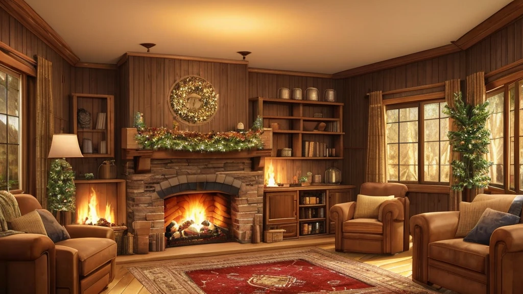 arafed view of a cozy living room with a fire place, a detailed matte painting inspired by Terry Redlin, shutterstock, digital art, cozy wallpaper, cozy home background, cozy place, cozy atmospheric, cozy and peaceful atmosphere, cozy environment, cozy and calm, cozy living room background, cosy enchanted scene, cozy setting, cozy atmosphere, cozy room