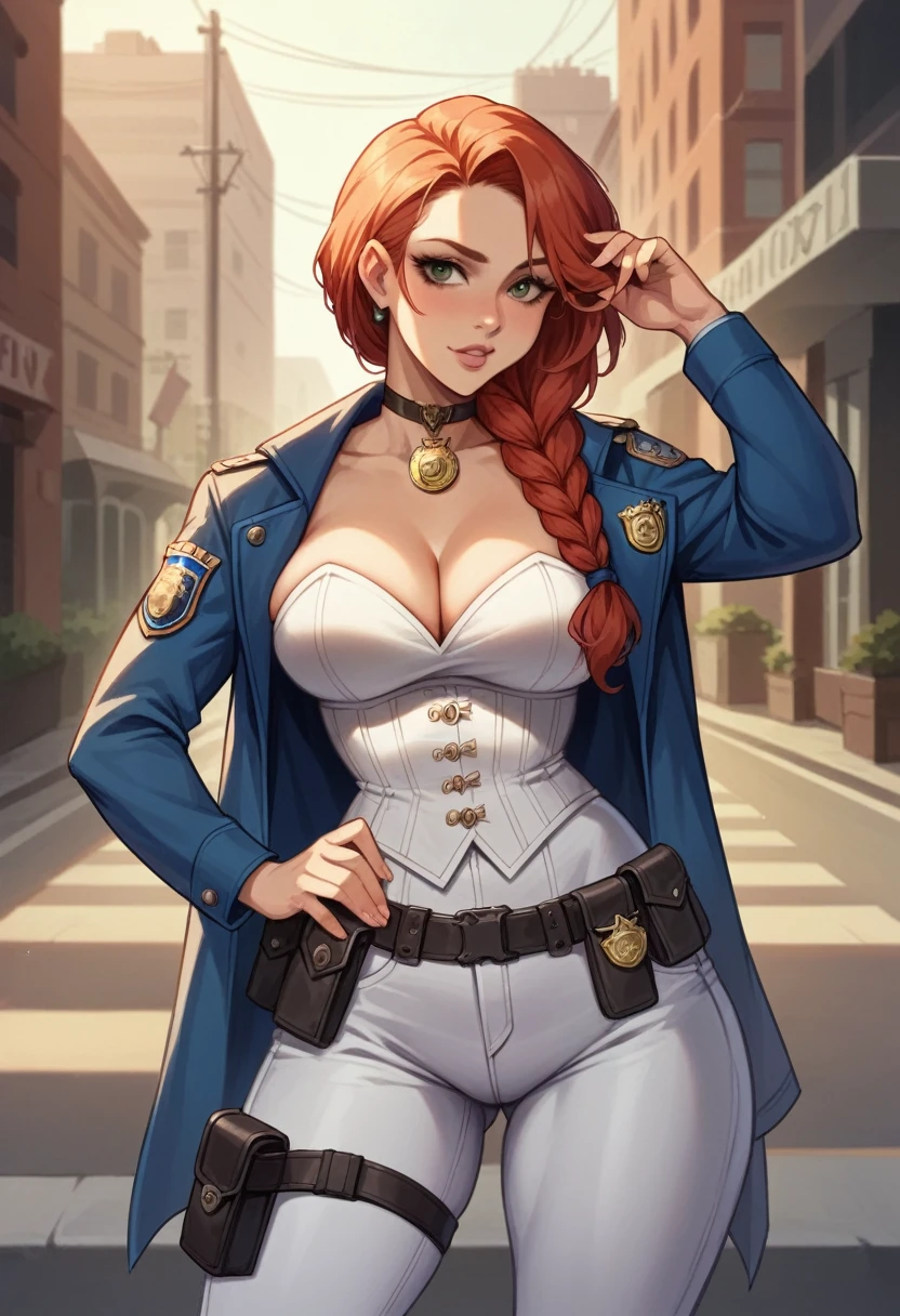 NSFW,One girl, Portrait of a beautiful donkey pex, Athletic ability, Blue jacket, White corset, skirt, White trousers, Police Medal,Holster on waist,Redhead, Braid, compensate, choker, Cleavage, Wide Hips, Volumetric lighting, Highest quality, masterpiece, Intricate details, Tone Mapping, Sharp focus, Super detailed, Trending on Art Station,Urban area, Realistic anime,cartoon,Urban area,Sideways glance,A couple of women and a woman hiding her face,Have a conversation,Crotch crack