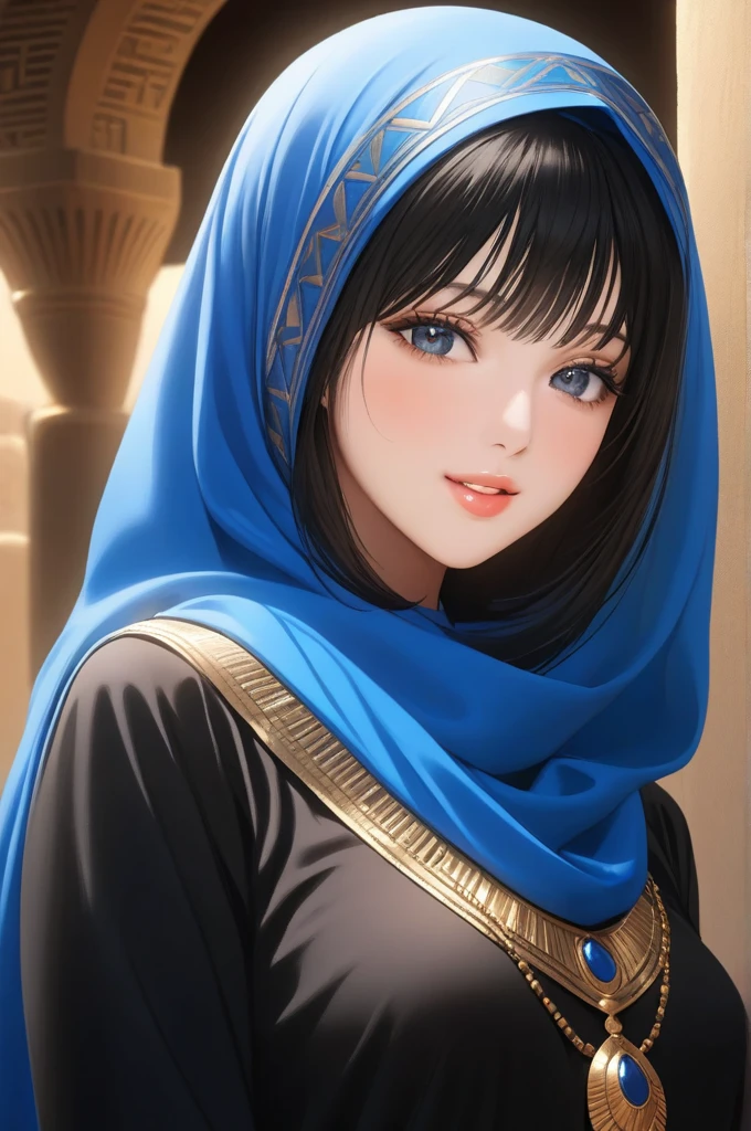 (In perspective) superb, Perfect straight hair at 23 years old, Long toe to toe and loose, Silky skin (Oil Lighting), Perfect detailed face, Detailed perfect eyes, fleshy lips, Egyptian Hijab, perfect body, jewelry & bracelets (Realistic Photos:Realistic Photos, تحفة 8K), With a blue and white Egyptian dress, Black fabric, ((blurry background)), ((hyperrealistic:Realistic complex details)), Smileing: Sensory feature, (Texture and environment are well detailed, Pure perfect lighting), SFW