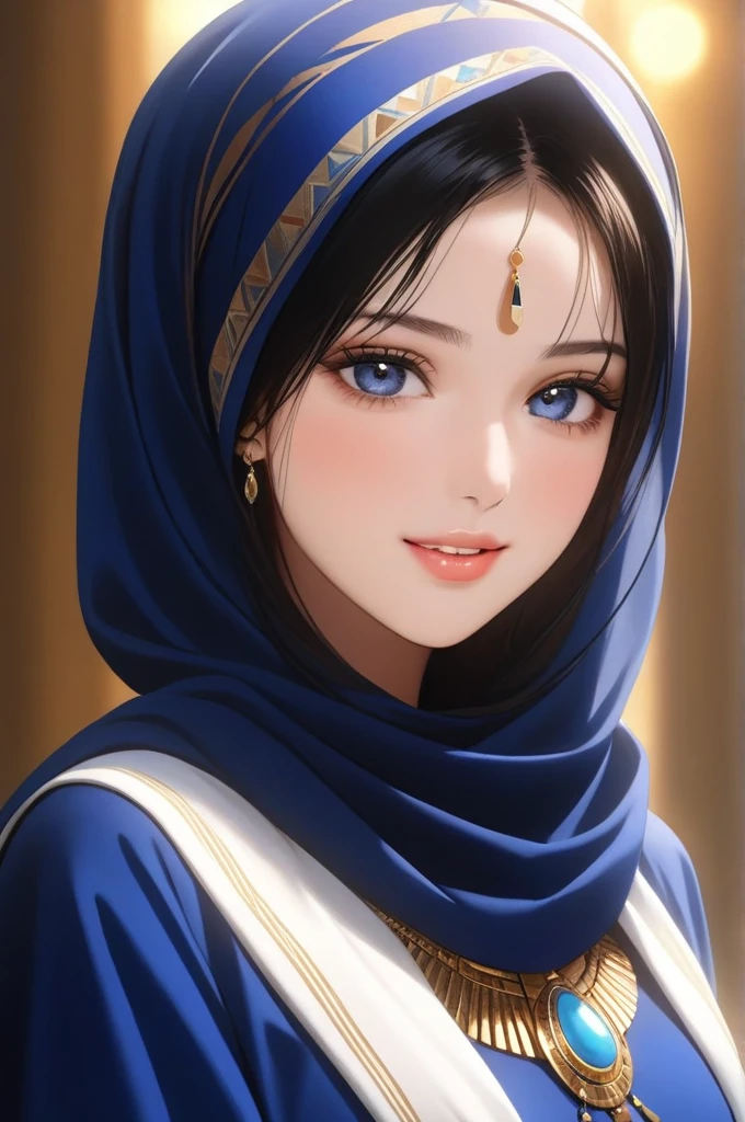 (In perspective) superb, Perfect straight hair at 23 years old, Long toe to toe and loose, Silky skin (Oil Lighting), Perfect detailed face, Detailed perfect eyes, fleshy lips, Egyptian Hijab, perfect body, jewelry & bracelets (Realistic Photos:Realistic Photos, تحفة 8K), With a blue and white Egyptian dress, Black fabric, ((blurry background)), ((hyperrealistic:Realistic complex details)), Smileing: Sensory feature, (Texture and environment are well detailed, Pure perfect lighting), SFW