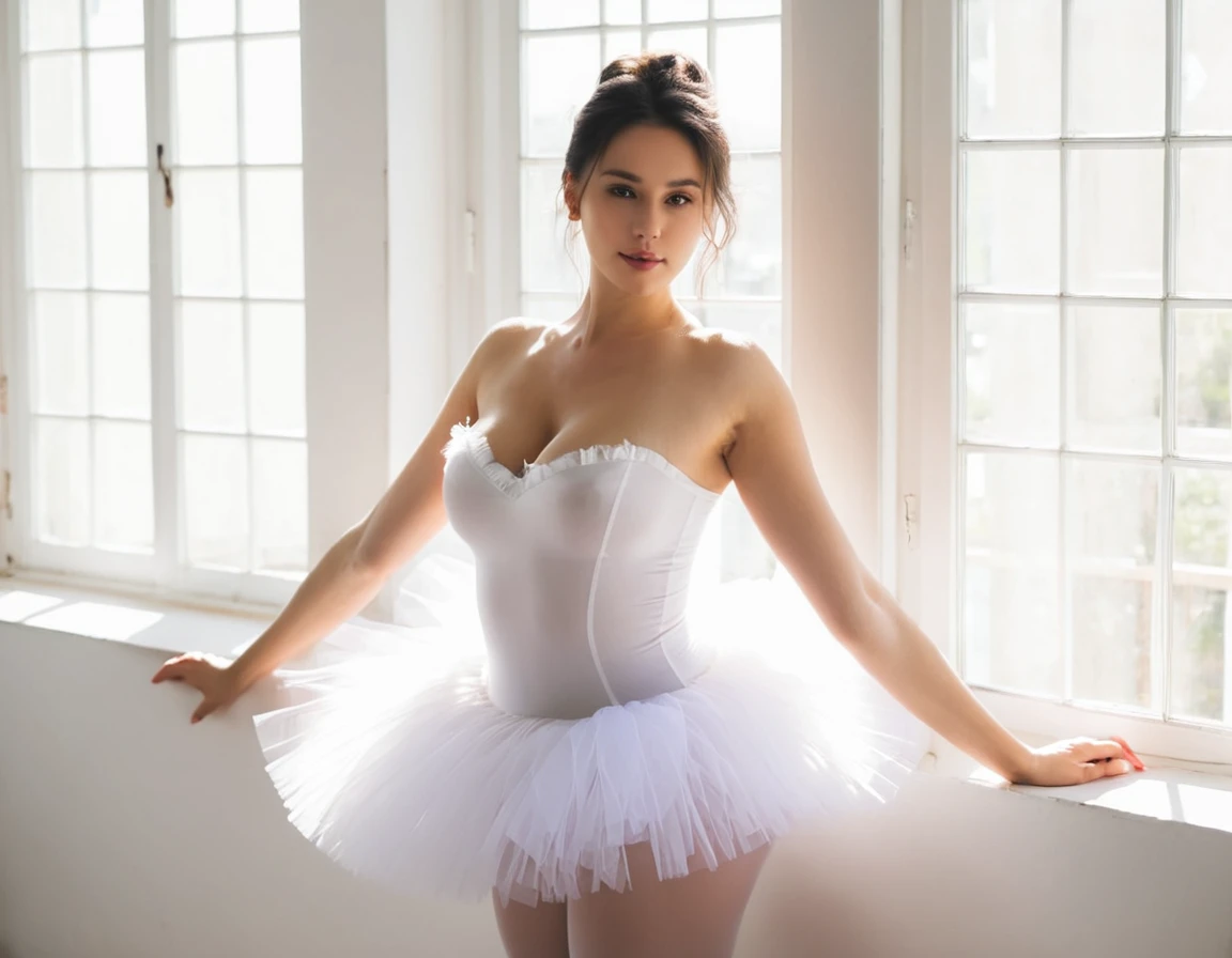 female, dark hair, white tutu, (large breasts:1.2), elegance, indoor, natural light,gracefulness, young adult, serene expression, white room, sunlight, high resolution, amazing photography