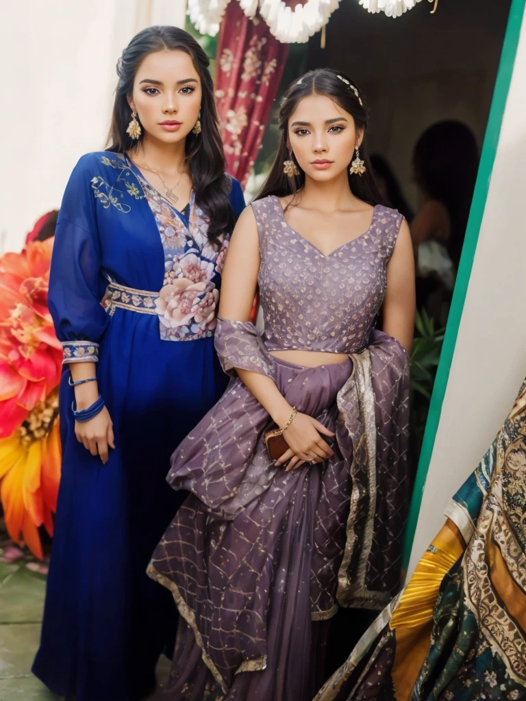 A beautiful young woman with long flowing hair, extremely detailed eyes and face, longeyelashes, detailed lips, a second beautiful girl standing beside her, both girls wearing colorful floral dresses, surrounded by a lush natural garden with vibrant flowers, magical atmosphere, (best quality,4k,8k,highres,masterpiece:1.2),ultra-detailed,(realistic,photorealistic,photo-realistic:1.37),portrait,cinematic lighting,vivid colors,dramatic lighting,intricate details