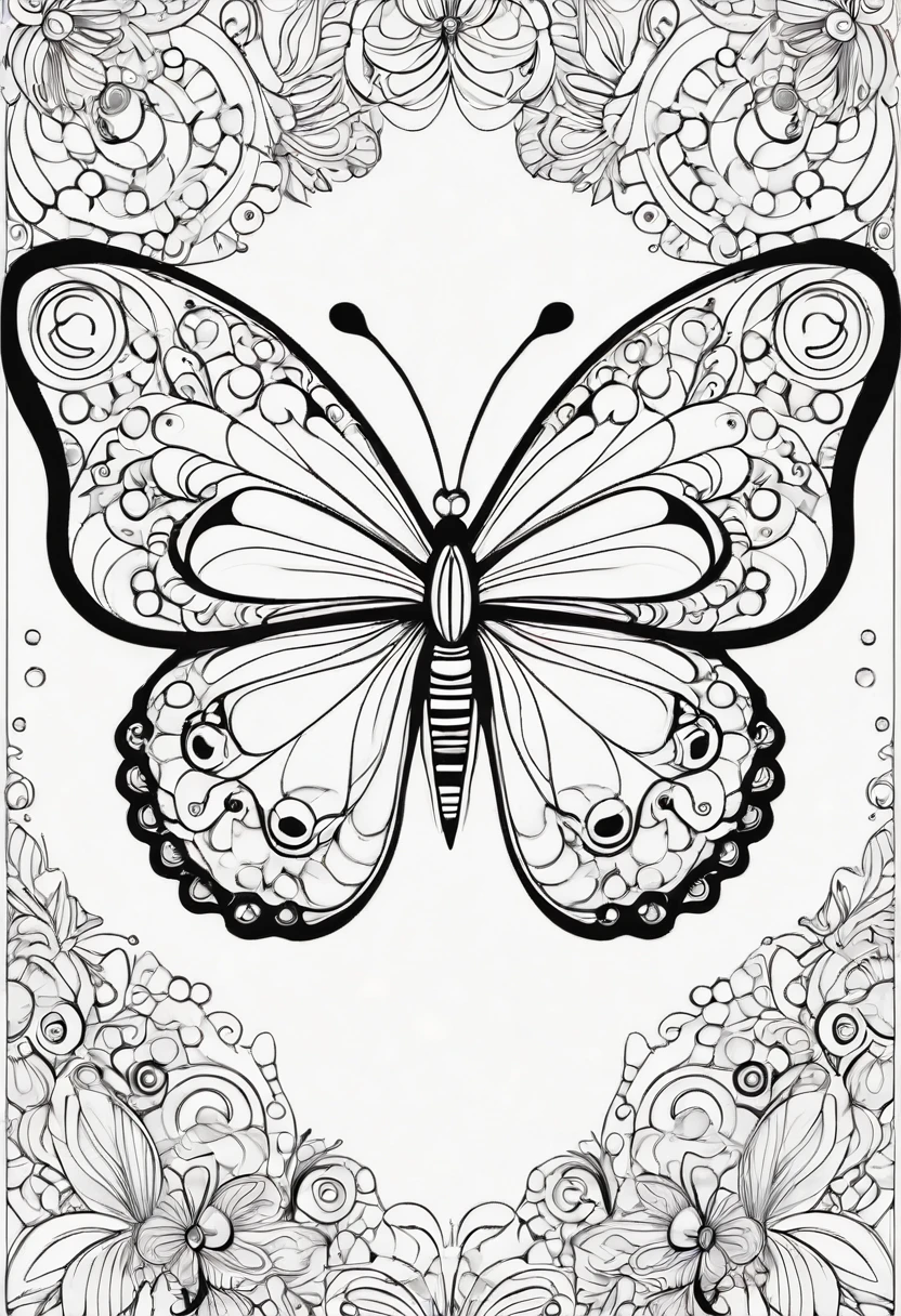 A delightful line art coloring page designed for children, featuring a grinning butterfly with large, intricate wings adorned with patterns of circles and lines. The butterfly has a cute, expressive face with big eyes and playful antennae. The illustration is rendered in bold, black outlines, creating a simple yet engaging black and white template that invites kids to unleash their creativity and bring the butterfly to life with vibrant colors, illustration