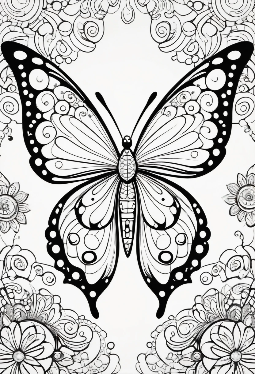 A delightful line art coloring page designed for children, featuring a grinning butterfly with large, intricate wings adorned with patterns of circles and lines. The butterfly has a cute, expressive face with big eyes and playful antennae. The illustration is rendered in bold, black outlines, creating a simple yet engaging black and white template that invites kids to unleash their creativity and bring the butterfly to life with vibrant colors, illustration